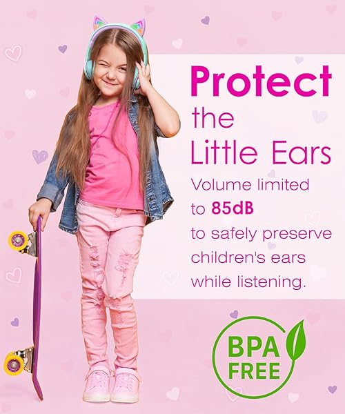 FosPower FosPower Kids Headphones with LED Cat Ears - Safe 85 dB Volume, Tangle-Free Cables for School & Travel - Teal/Purple - View 4 of 7