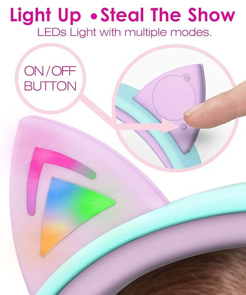 FosPower FosPower Kids Headphones with LED Cat Ears - Safe 85 dB Volume, Tangle-Free Cables for School & Travel - Teal/Purple - View 5 of 7