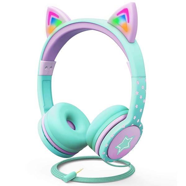 FosPower FosPower Kids Headphones with LED Cat Ears - Safe 85 dB Volume, Tangle-Free Cables for School & Travel - Teal/Purple