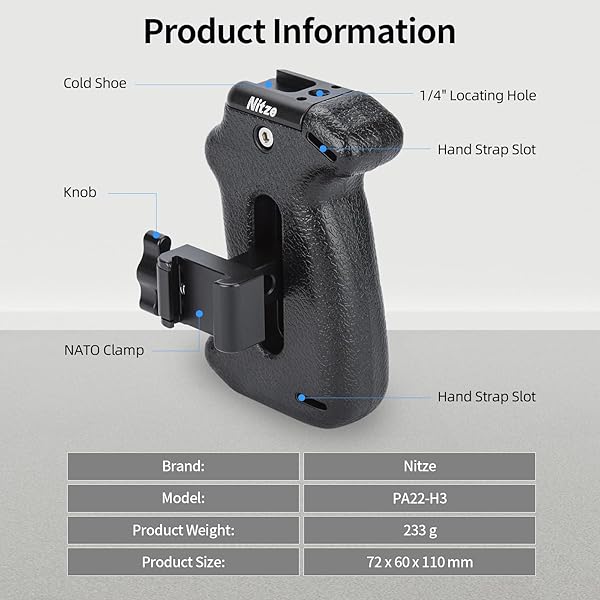 Nitze "Nitze NATO Side Handle PA22-H3: Adjustable Camera Handle with Cold Shoe & 1/4" Hole for Enhanced Filmmaking" - View 4 of 8
