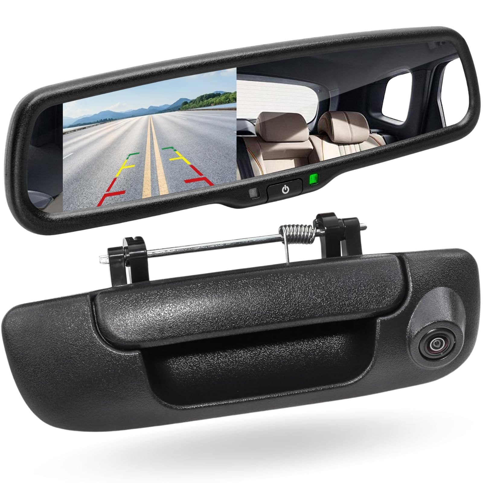 EWAY Tailgate Handle Backup Reverse Camera with 4.3 Inch Rear View Mirror Monitor Kit for Dodge Ram 1500 2500 3500 2002 to 2008