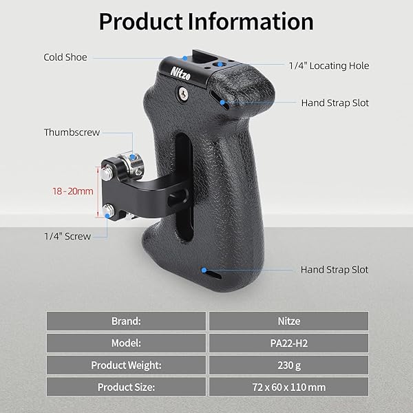 Nitze "Adjustable Nitze Side Handle with Dual 1/4" Screws for Camera Cages - PA22-H2" - View 4 of 9