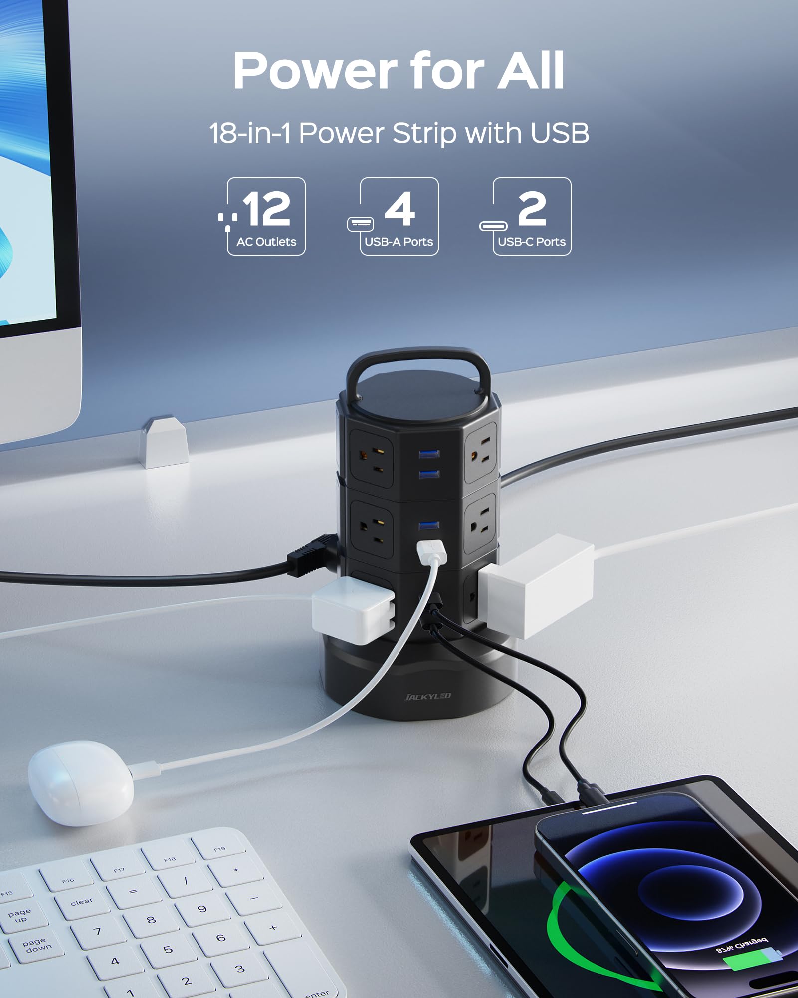 JACKYLED 10ft Power Strip Tower JACKYLED Surge Protector with 12 Outlets and 6 USB Ports Heavy Duty Extension Cord for Home Office and Devices - View 2 of 9