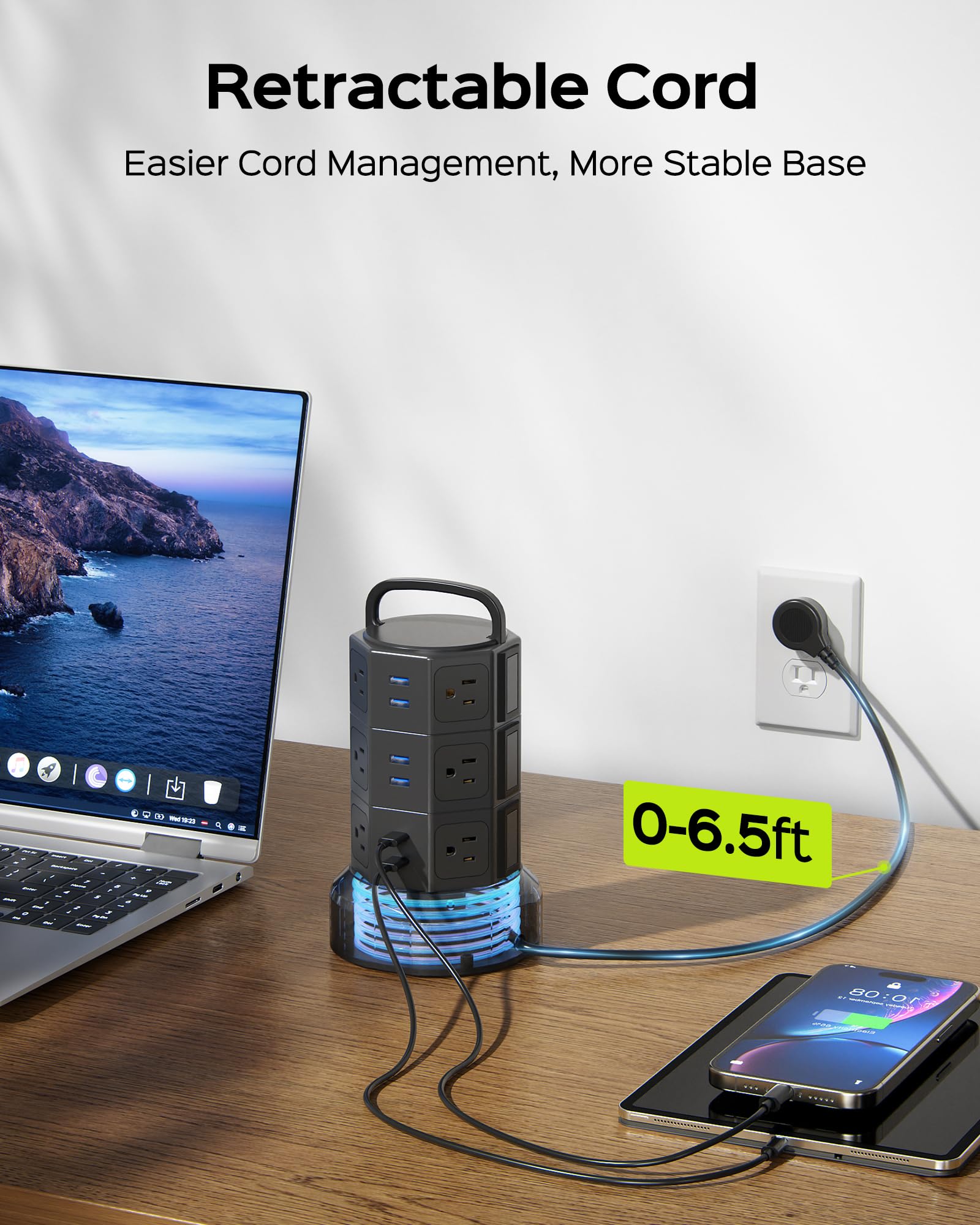 JACKYLED 10ft Power Strip Tower JACKYLED Surge Protector with 12 Outlets and 6 USB Ports Heavy Duty Extension Cord for Home Office and Devices - View 3 of 9