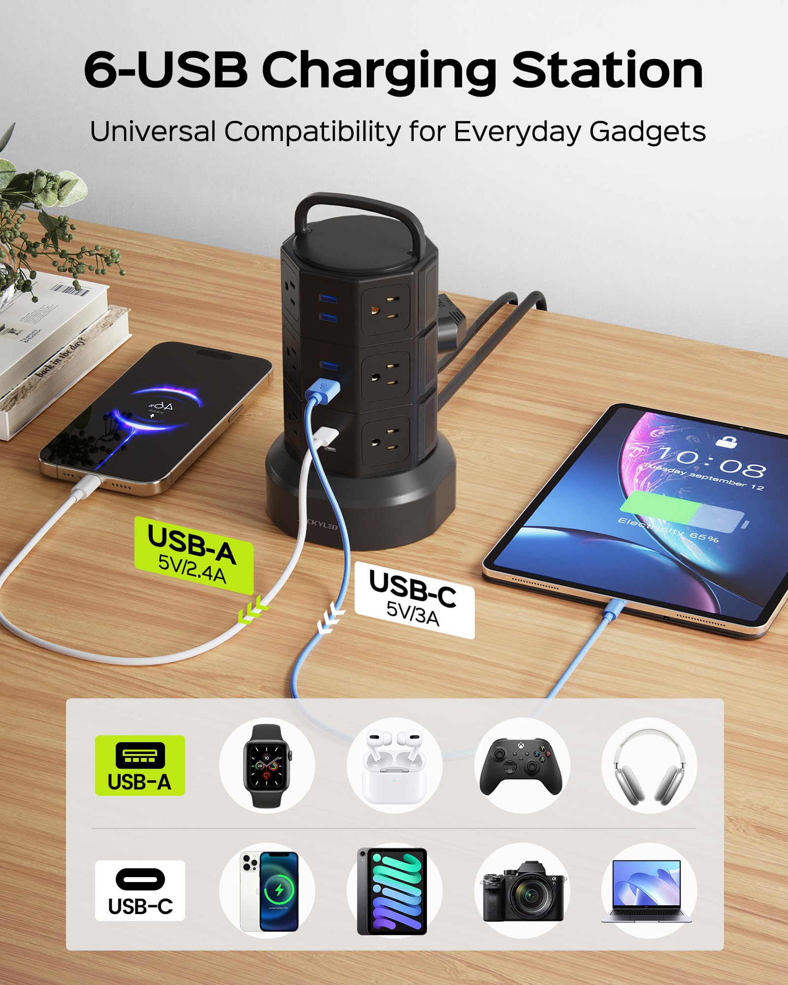 JACKYLED 10ft Power Strip Tower JACKYLED Surge Protector with 12 Outlets and 6 USB Ports Heavy Duty Extension Cord for Home Office and Devices - View 5 of 9