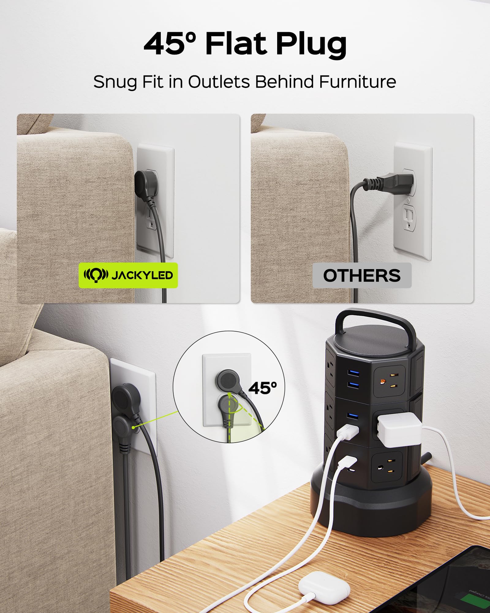 JACKYLED 10ft Power Strip Tower JACKYLED Surge Protector with 12 Outlets and 6 USB Ports Heavy Duty Extension Cord for Home Office and Devices - View 6 of 9