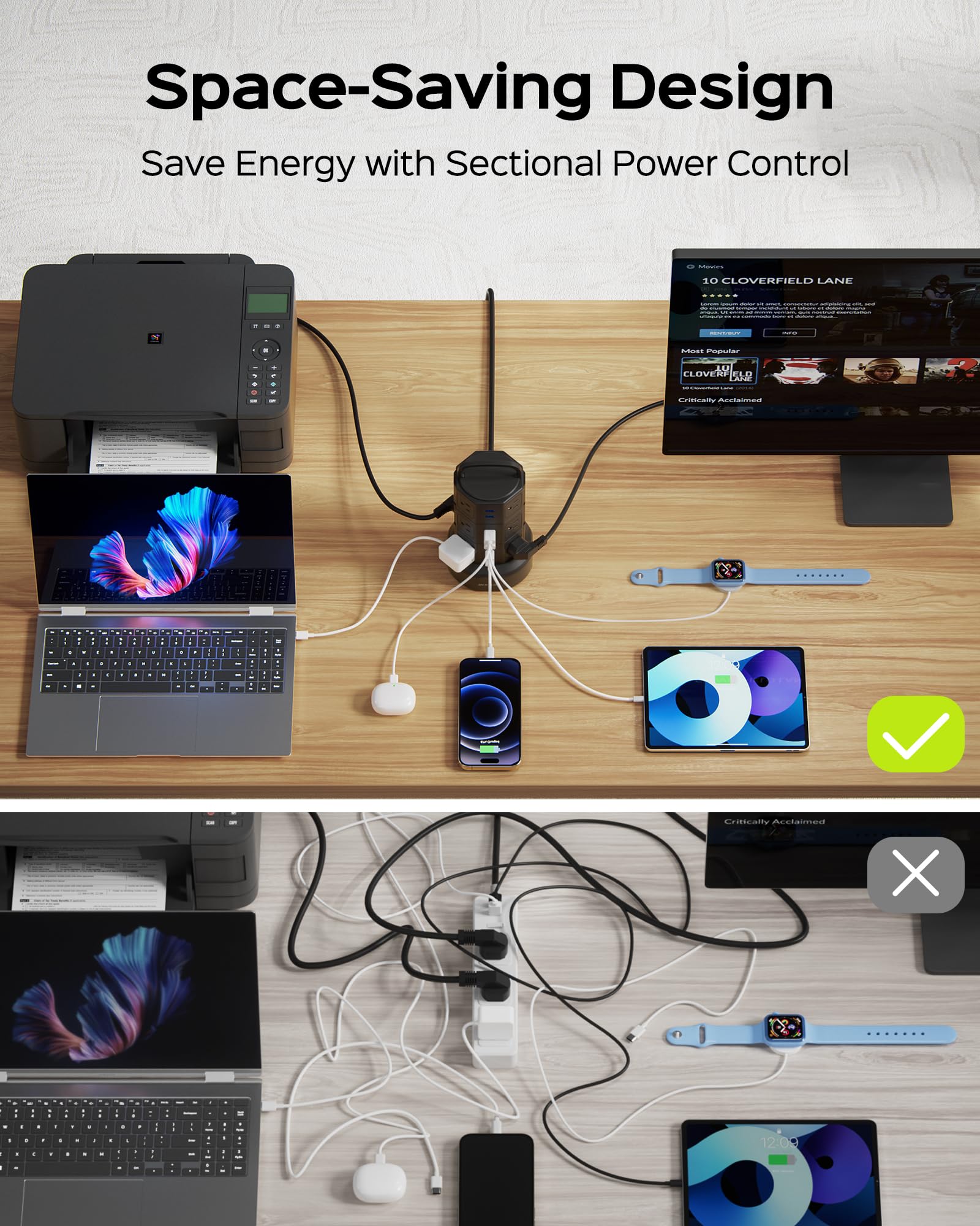 JACKYLED 10ft Power Strip Tower JACKYLED Surge Protector with 12 Outlets and 6 USB Ports Heavy Duty Extension Cord for Home Office and Devices - View 7 of 9