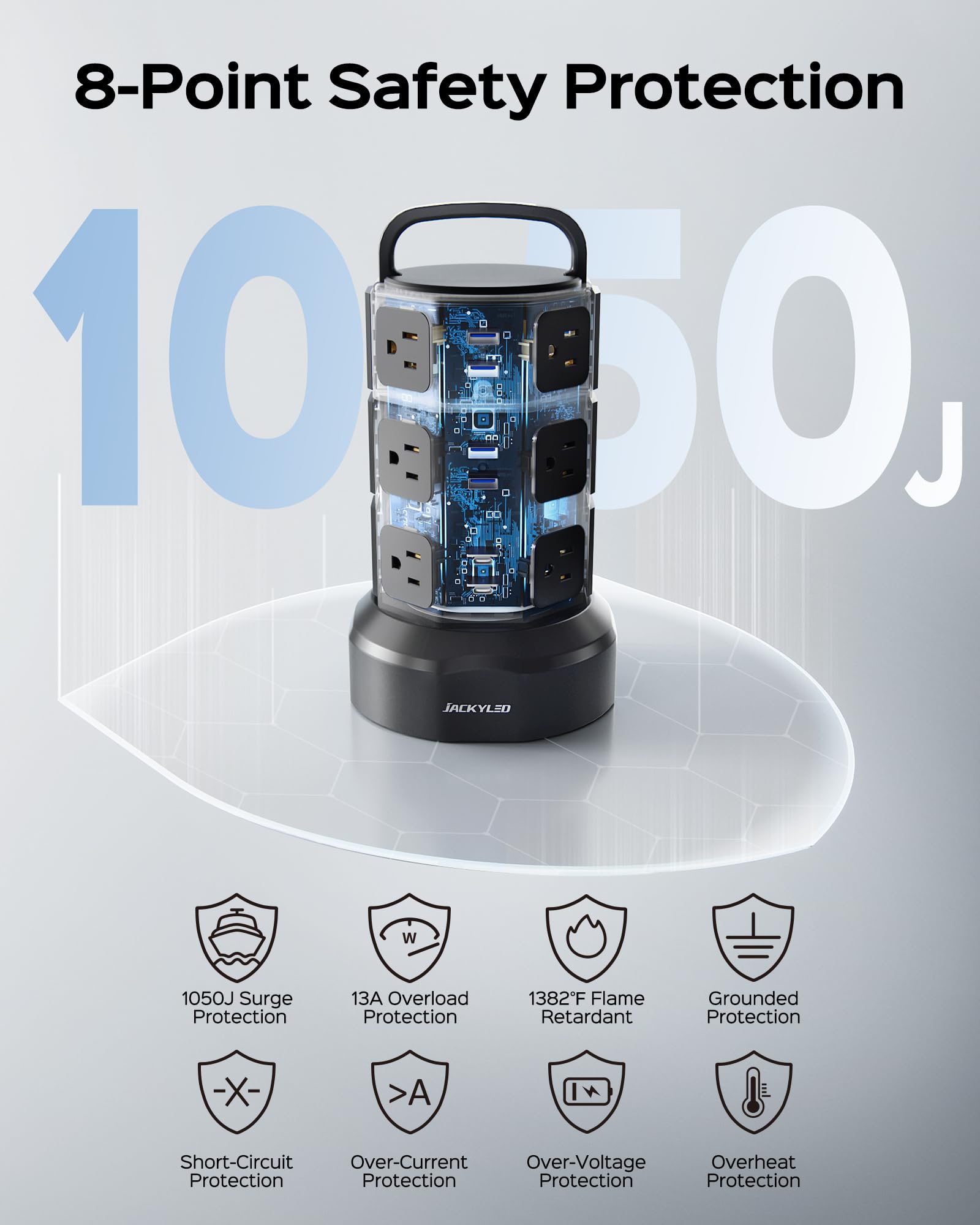 JACKYLED 10ft Power Strip Tower JACKYLED Surge Protector with 12 Outlets and 6 USB Ports Heavy Duty Extension Cord for Home Office and Devices - View 8 of 9