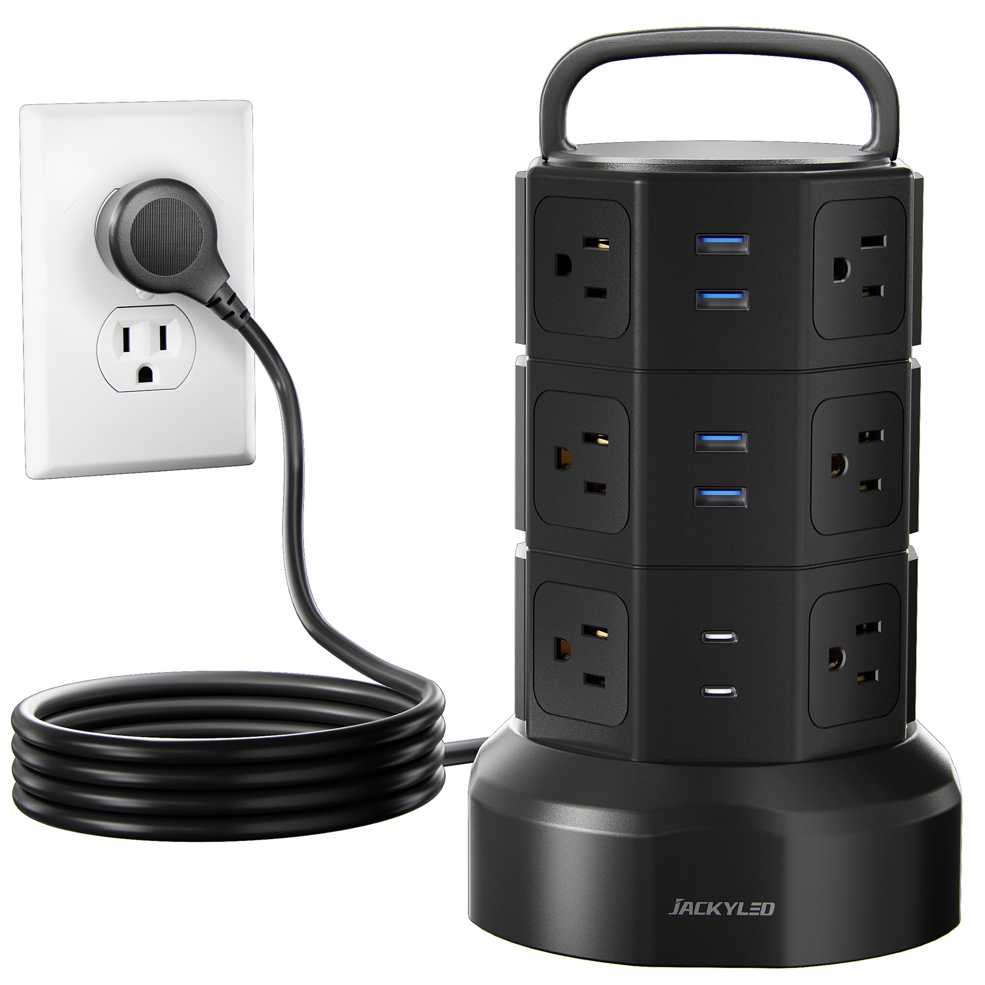 JACKYLED 10ft Power Strip Tower JACKYLED Surge Protector with 12 Outlets and 6 USB Ports Heavy Duty Extension Cord for Home Office and Devices