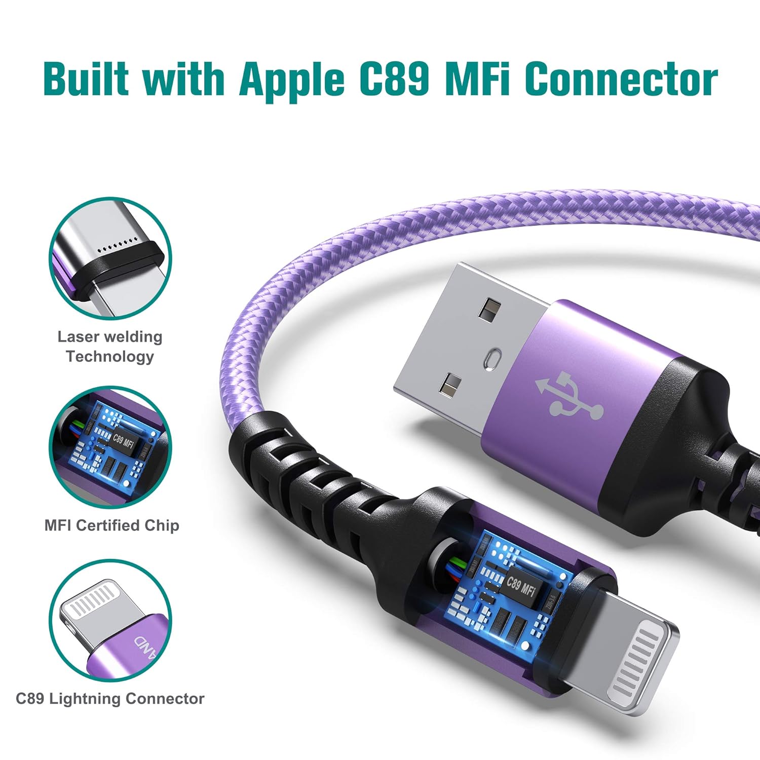 Tera Grand Tera Grand Apple C89 MFi Certified Lightning to USB-A Braided Cable 4 Ft for iPhone iPad AirPods Purple - View 2 of 6