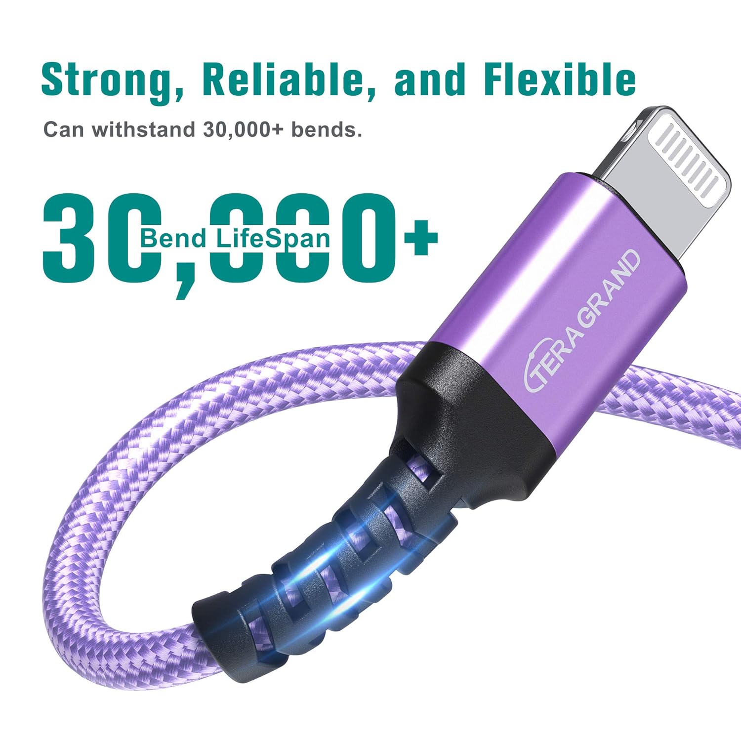 Tera Grand Tera Grand Apple C89 MFi Certified Lightning to USB-A Braided Cable 4 Ft for iPhone iPad AirPods Purple - View 3 of 6