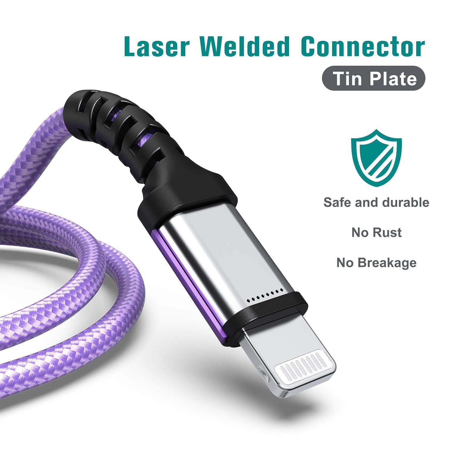 Tera Grand Tera Grand Apple C89 MFi Certified Lightning to USB-A Braided Cable 4 Ft for iPhone iPad AirPods Purple - View 4 of 6