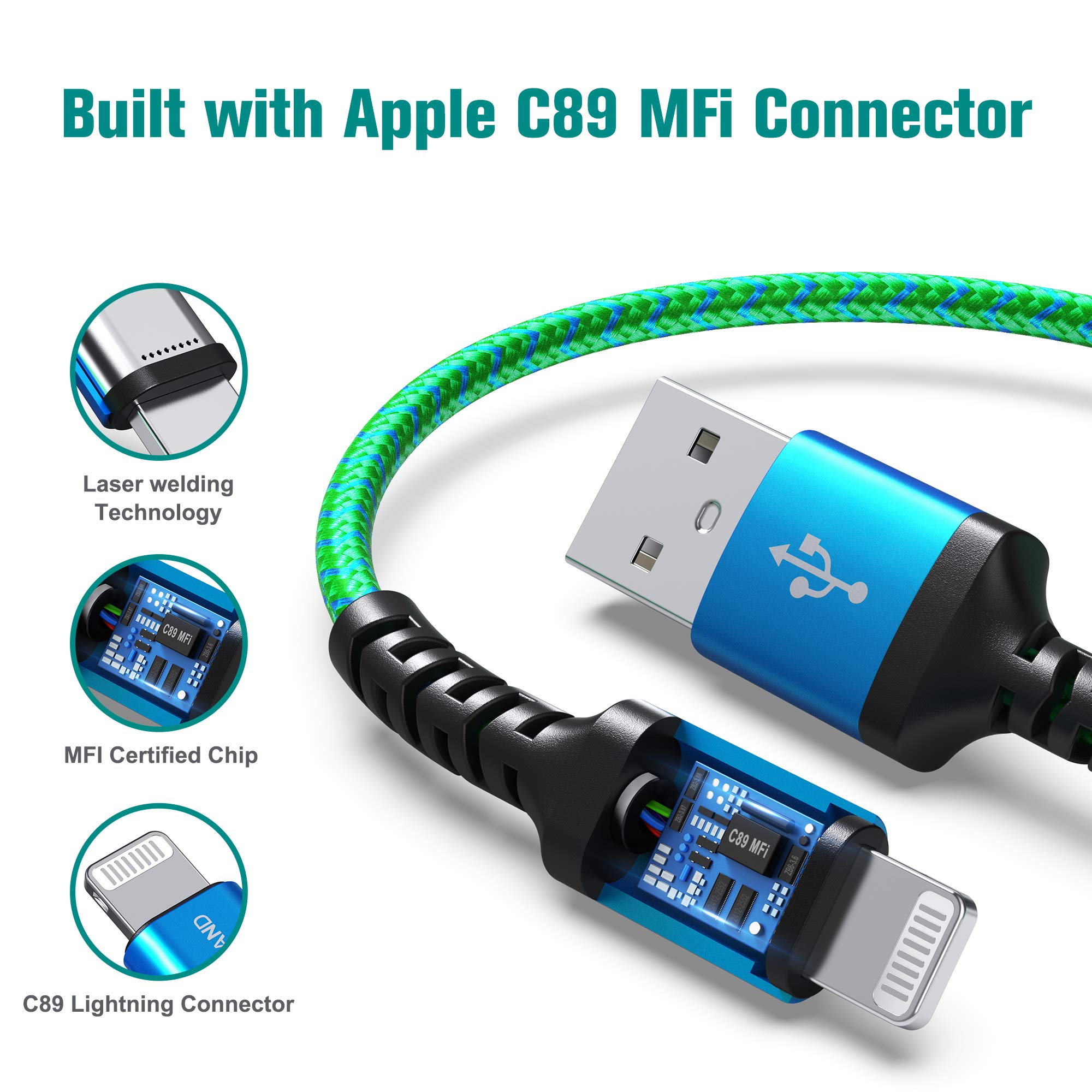 Tera Grand Tera Grand Apple C89 MFi Certified Lightning to USB Braided Cable 7 Ft for iPhone iPad AirPods Blue Green - View 2 of 6