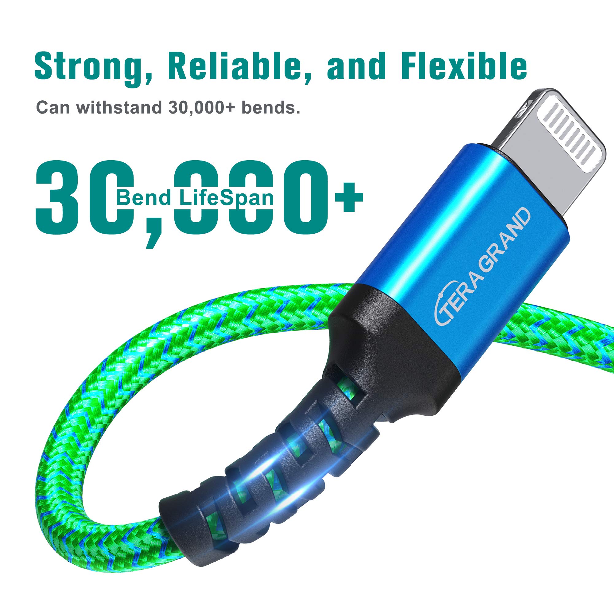 Tera Grand Tera Grand Apple C89 MFi Certified Lightning to USB Braided Cable 7 Ft for iPhone iPad AirPods Blue Green - View 3 of 6