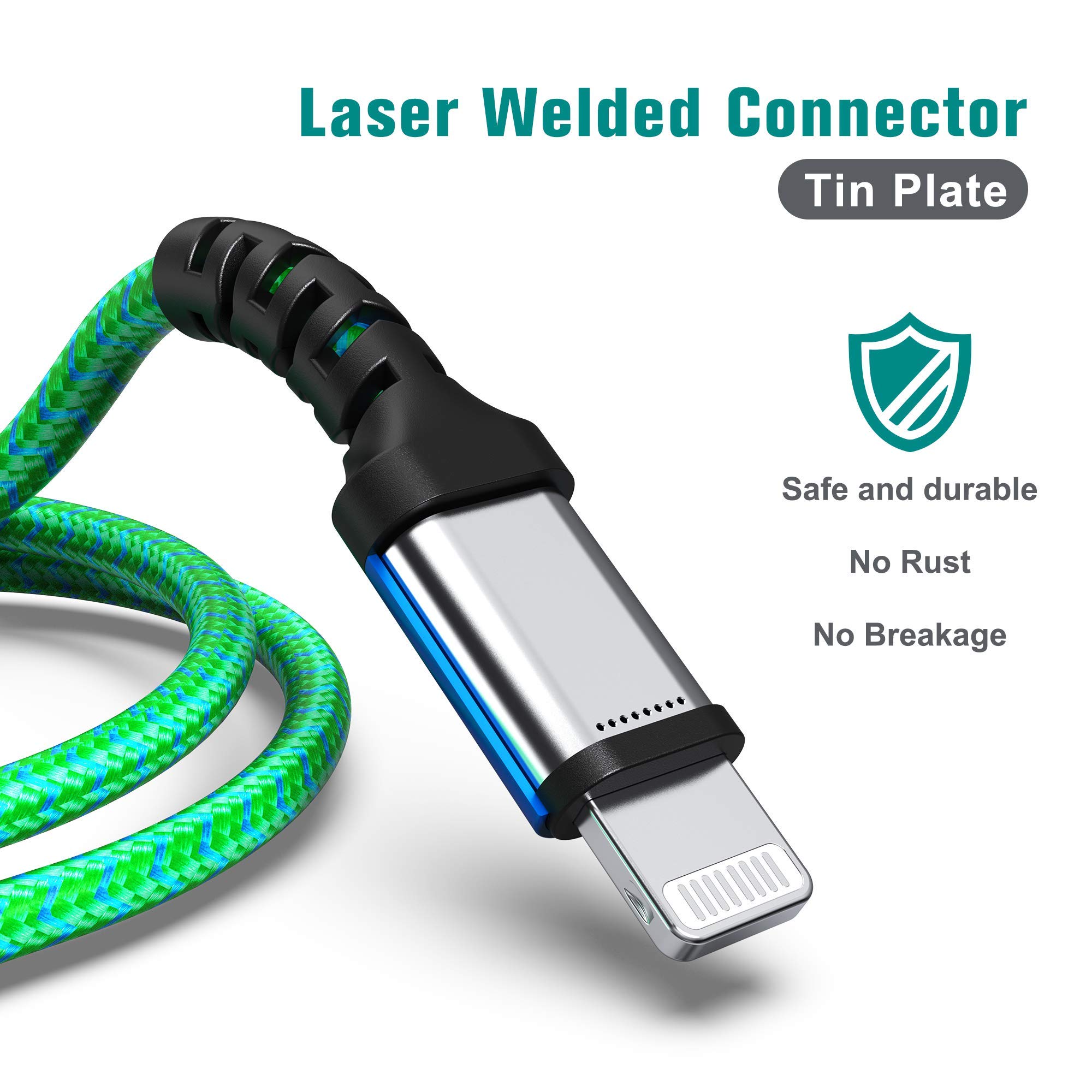 Tera Grand Tera Grand Apple C89 MFi Certified Lightning to USB Braided Cable 7 Ft for iPhone iPad AirPods Blue Green - View 4 of 6