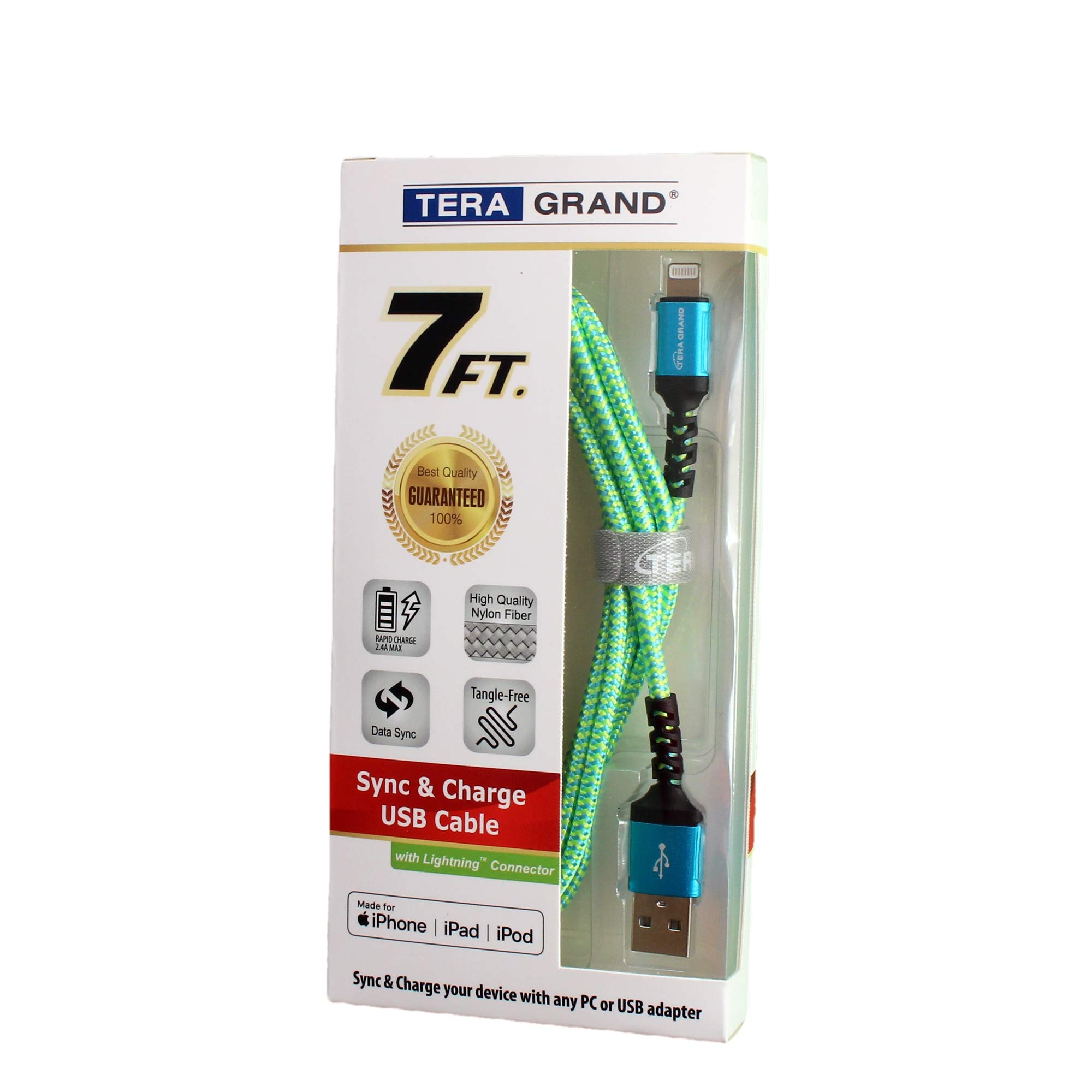 Tera Grand Tera Grand Apple C89 MFi Certified Lightning to USB Braided Cable 7 Ft for iPhone iPad AirPods Blue Green - View 6 of 6