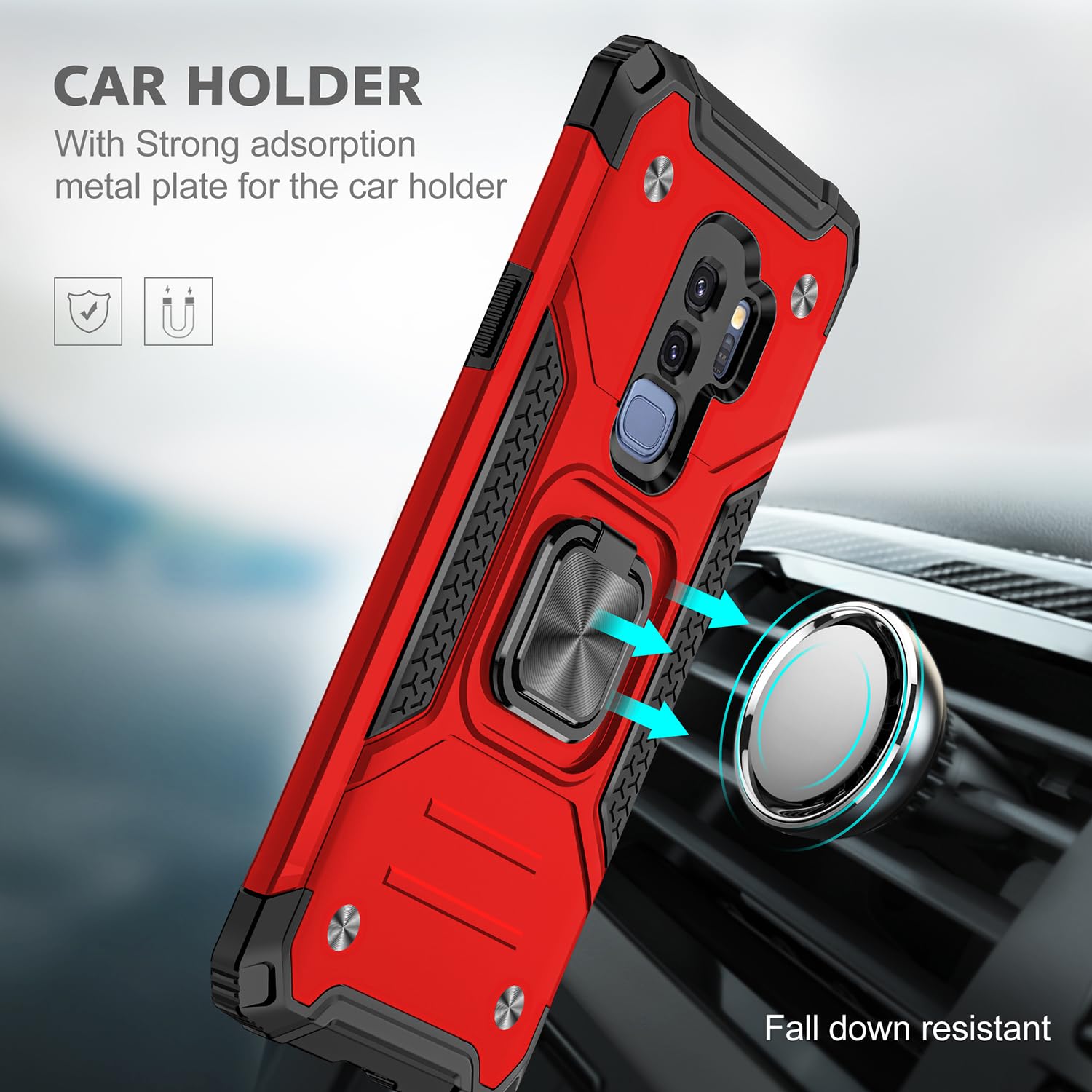 Fucozan Military Grade Shockproof Case for Samsung Galaxy S9 Plus with Kickstand and Magnetic Car Mount Heavy Duty Protection Red - View 4 of 8