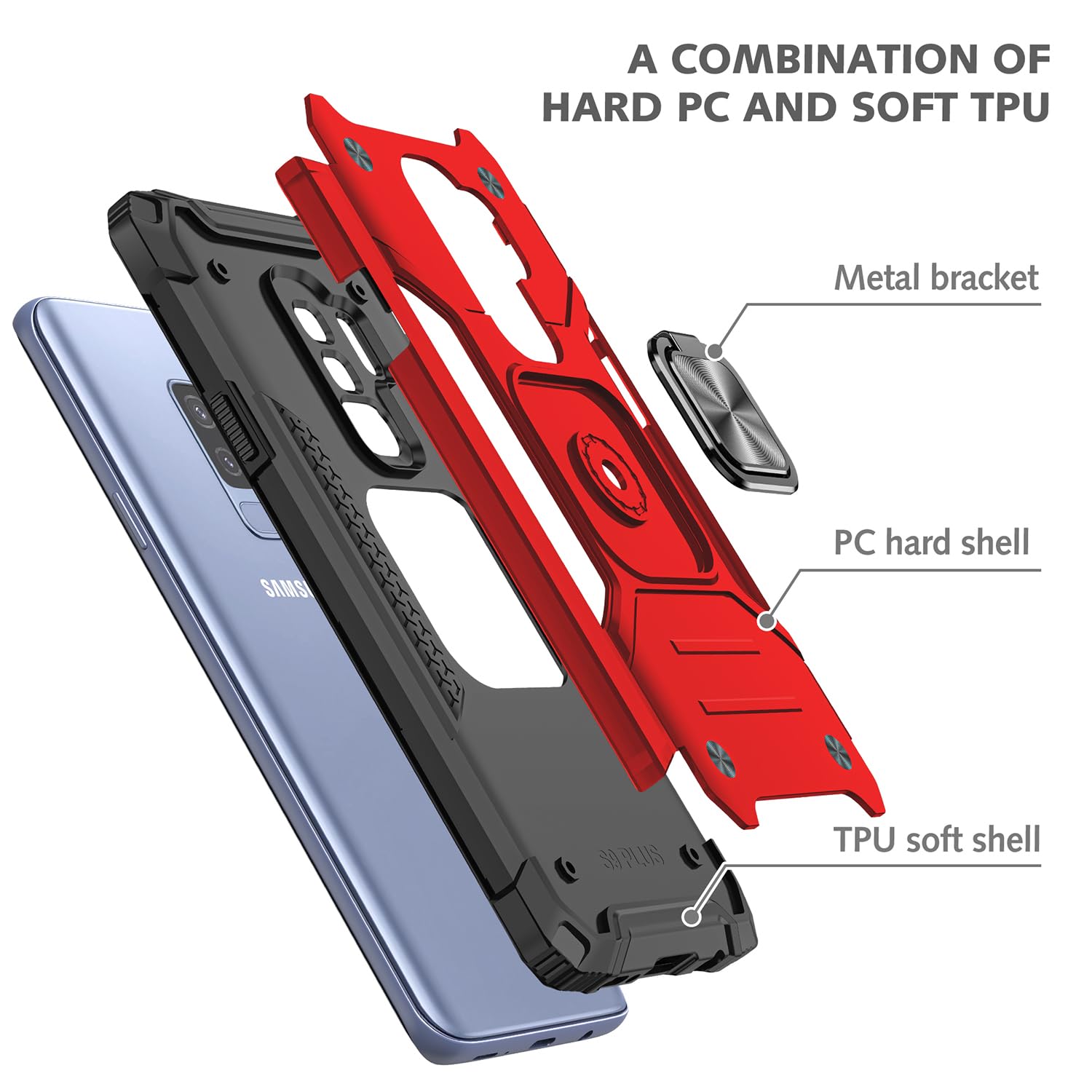 Fucozan Military Grade Shockproof Case for Samsung Galaxy S9 Plus with Kickstand and Magnetic Car Mount Heavy Duty Protection Red - View 8 of 8
