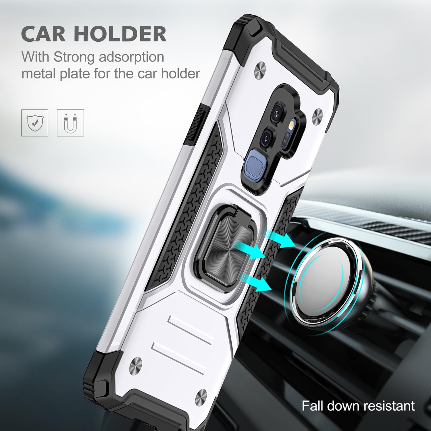 Samsung Galaxy S9 Plus Case Military Grade Shockproof with Kickstand and Magnetic Car Mount Heavy Duty Protective Case Silver - View 4 of 8
