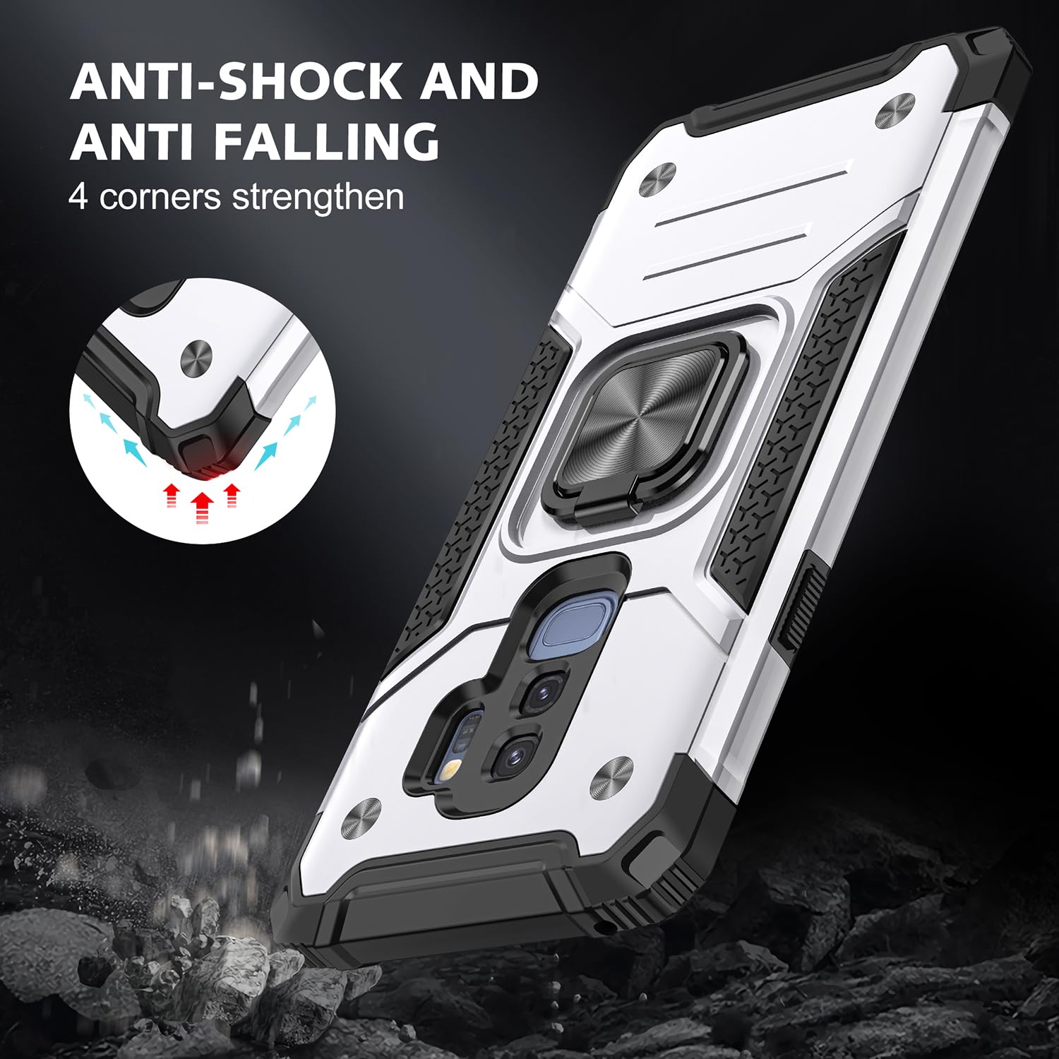 Samsung Galaxy S9 Plus Case Military Grade Shockproof with Kickstand and Magnetic Car Mount Heavy Duty Protective Case Silver - View 5 of 8