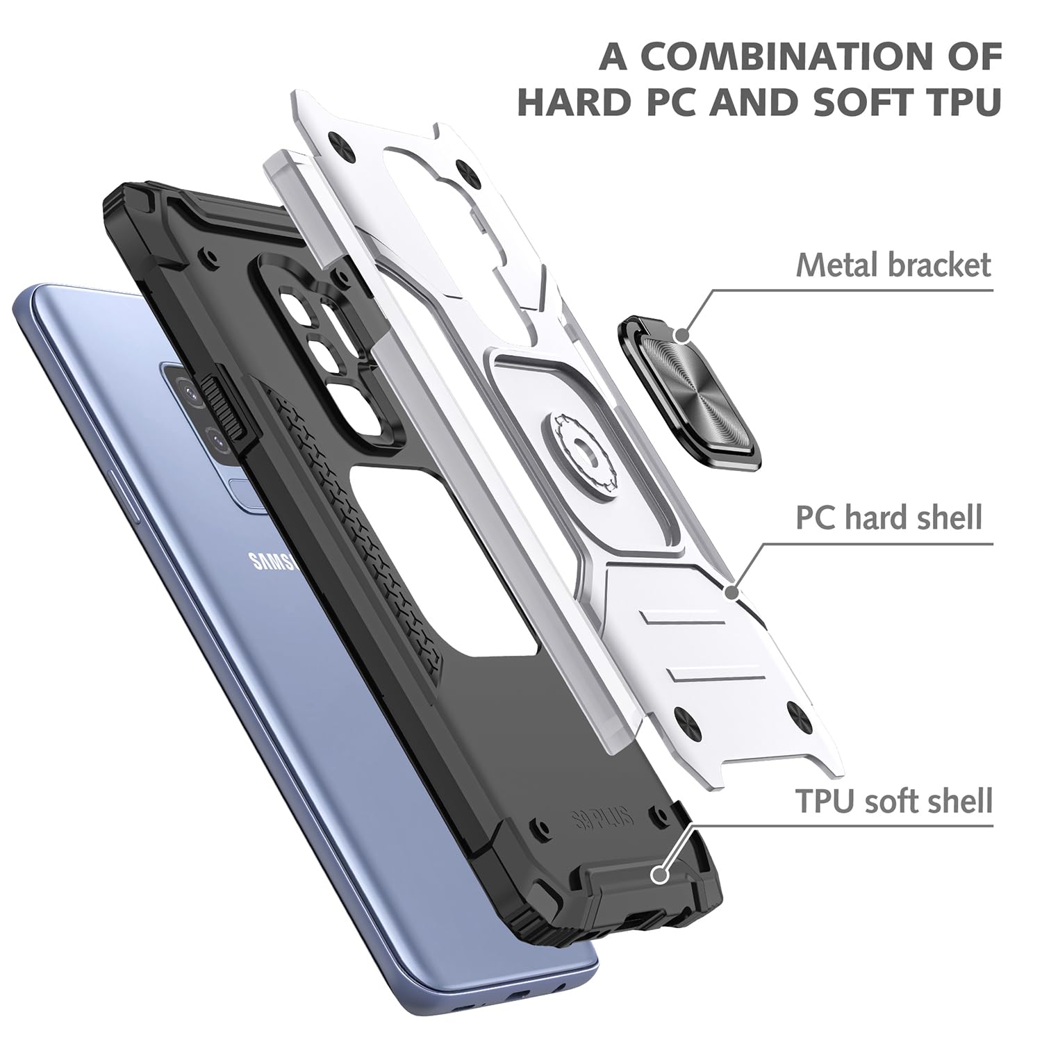 Samsung Galaxy S9 Plus Case Military Grade Shockproof with Kickstand and Magnetic Car Mount Heavy Duty Protective Case Silver - View 8 of 8