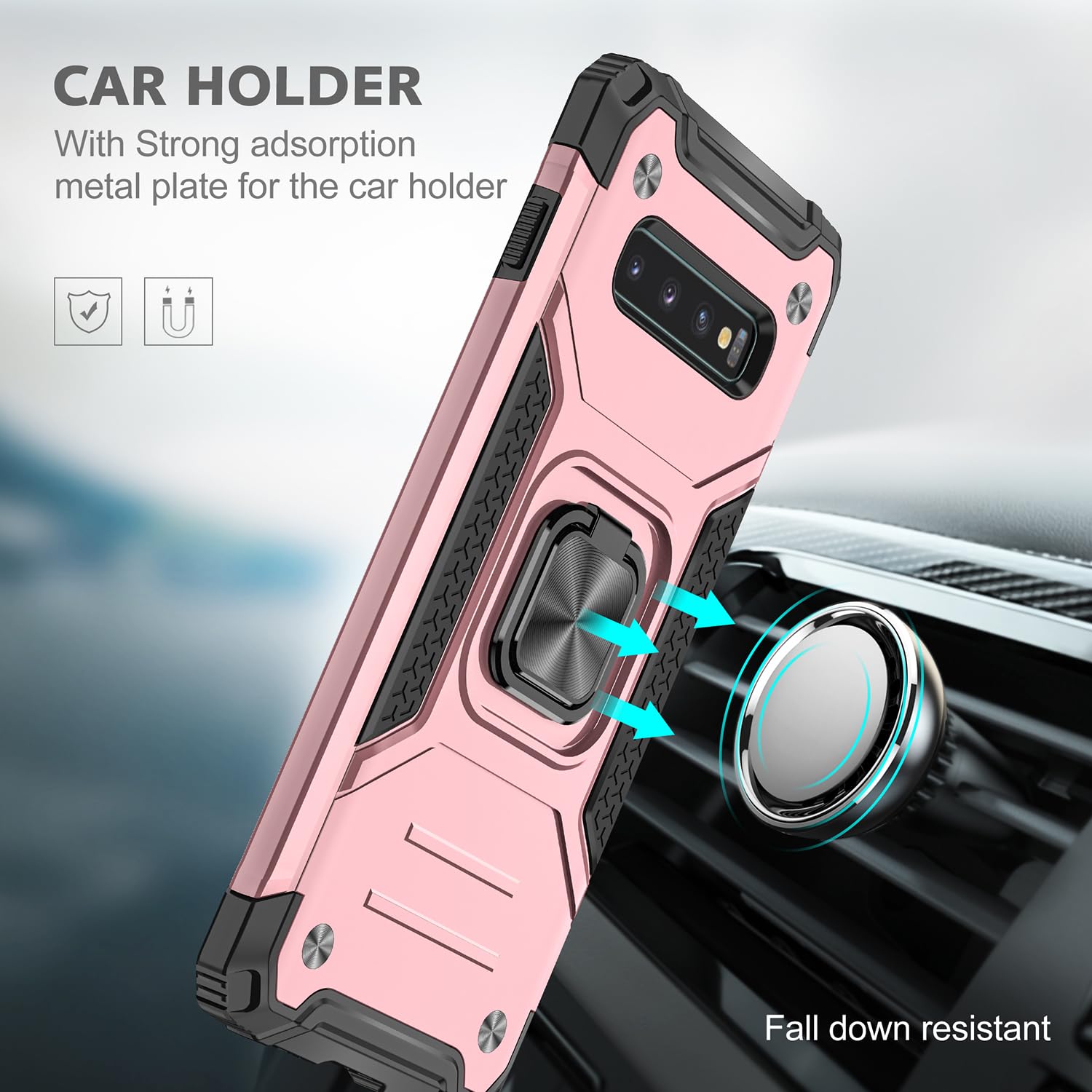 Fucozan Military Grade Shockproof Case for Samsung Galaxy S10 with Kickstand and Magnetic Car Mount Heavy Duty Protection Rose Gold - View 4 of 8