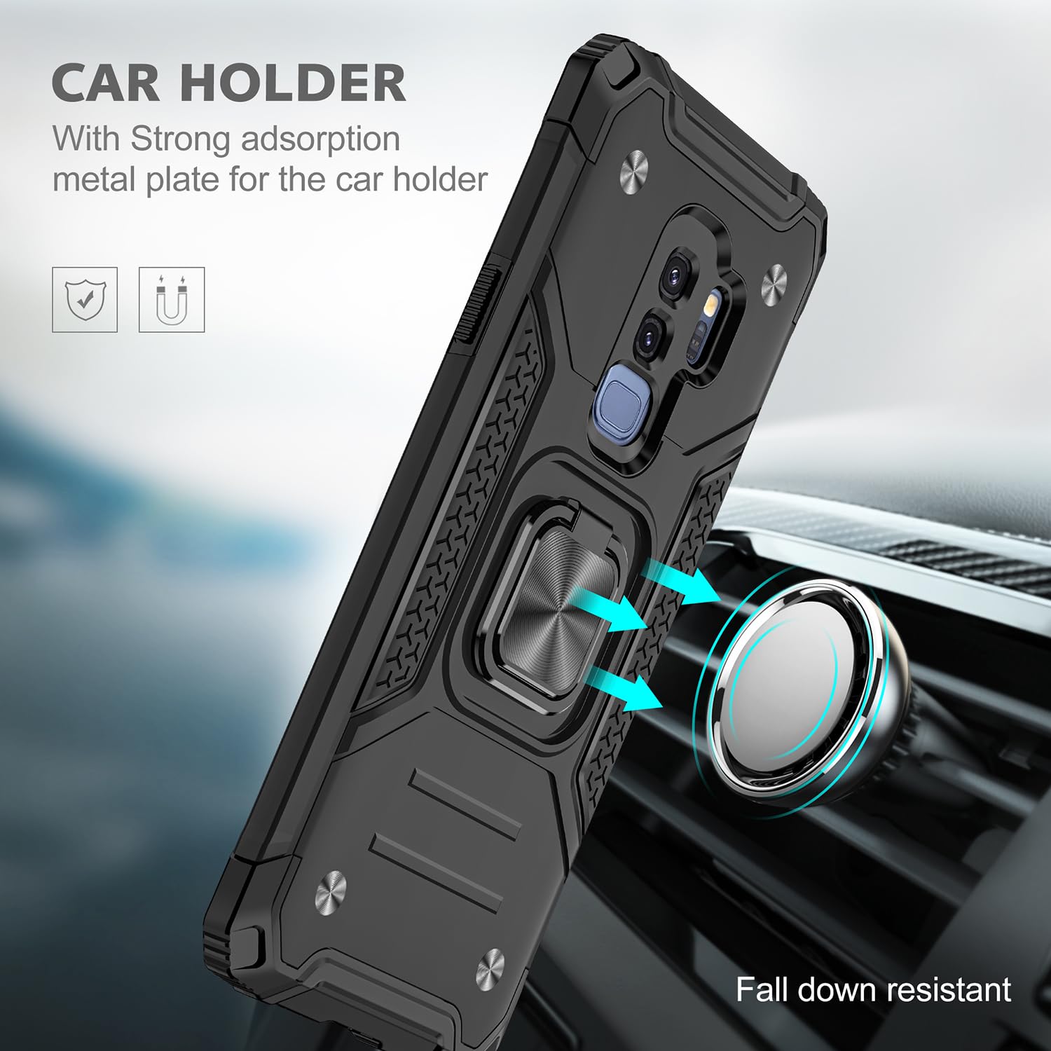 Samsung Galaxy S9 Plus Case Military Grade Shockproof with Kickstand and Magnetic Car Mount Heavy Duty Protective Black Armor Case - View 4 of 8