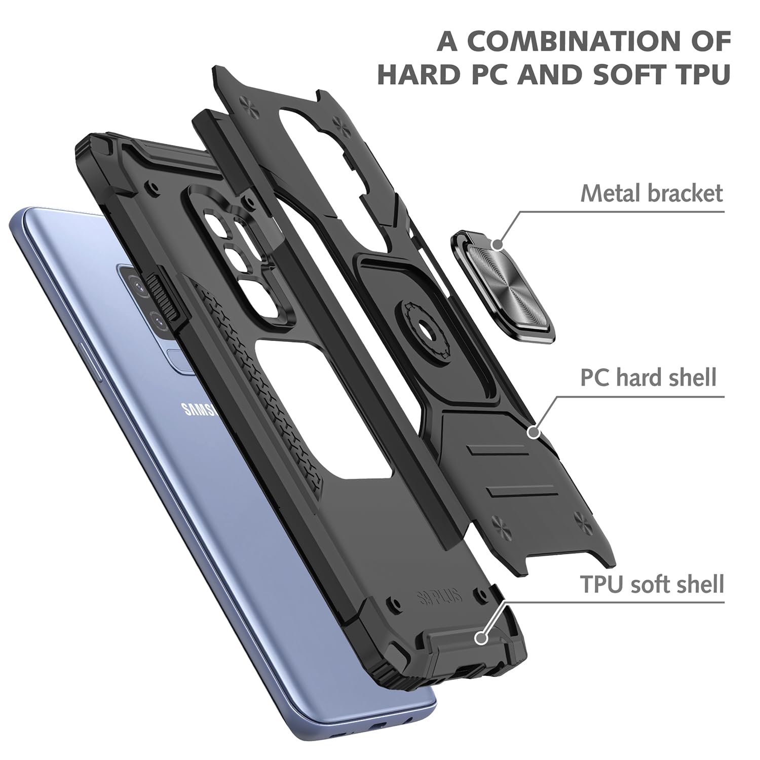Samsung Galaxy S9 Plus Case Military Grade Shockproof with Kickstand and Magnetic Car Mount Heavy Duty Protective Black Armor Case - View 8 of 8