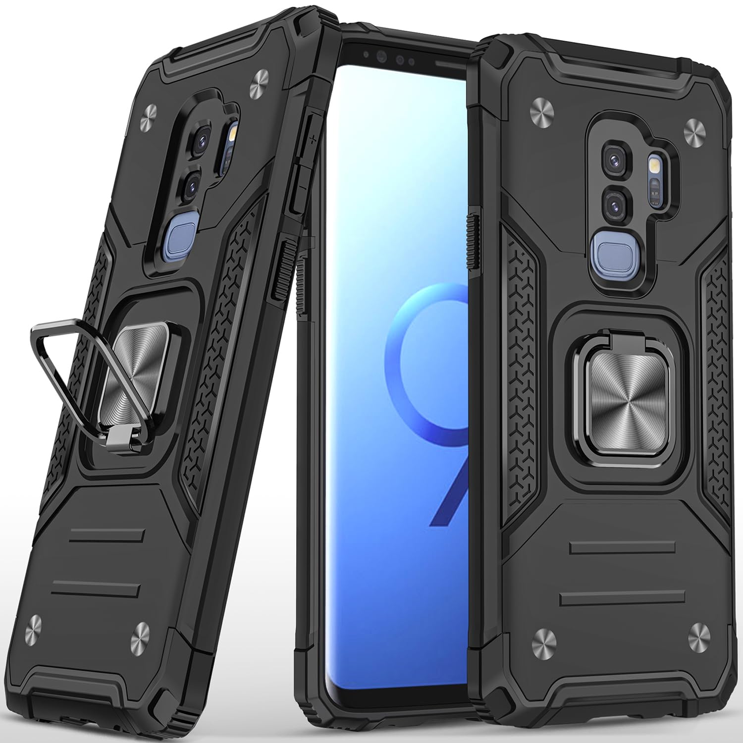 Samsung Galaxy S9 Plus Case Military Grade Shockproof with Kickstand and Magnetic Car Mount Heavy Duty Protective Black Armor Case
