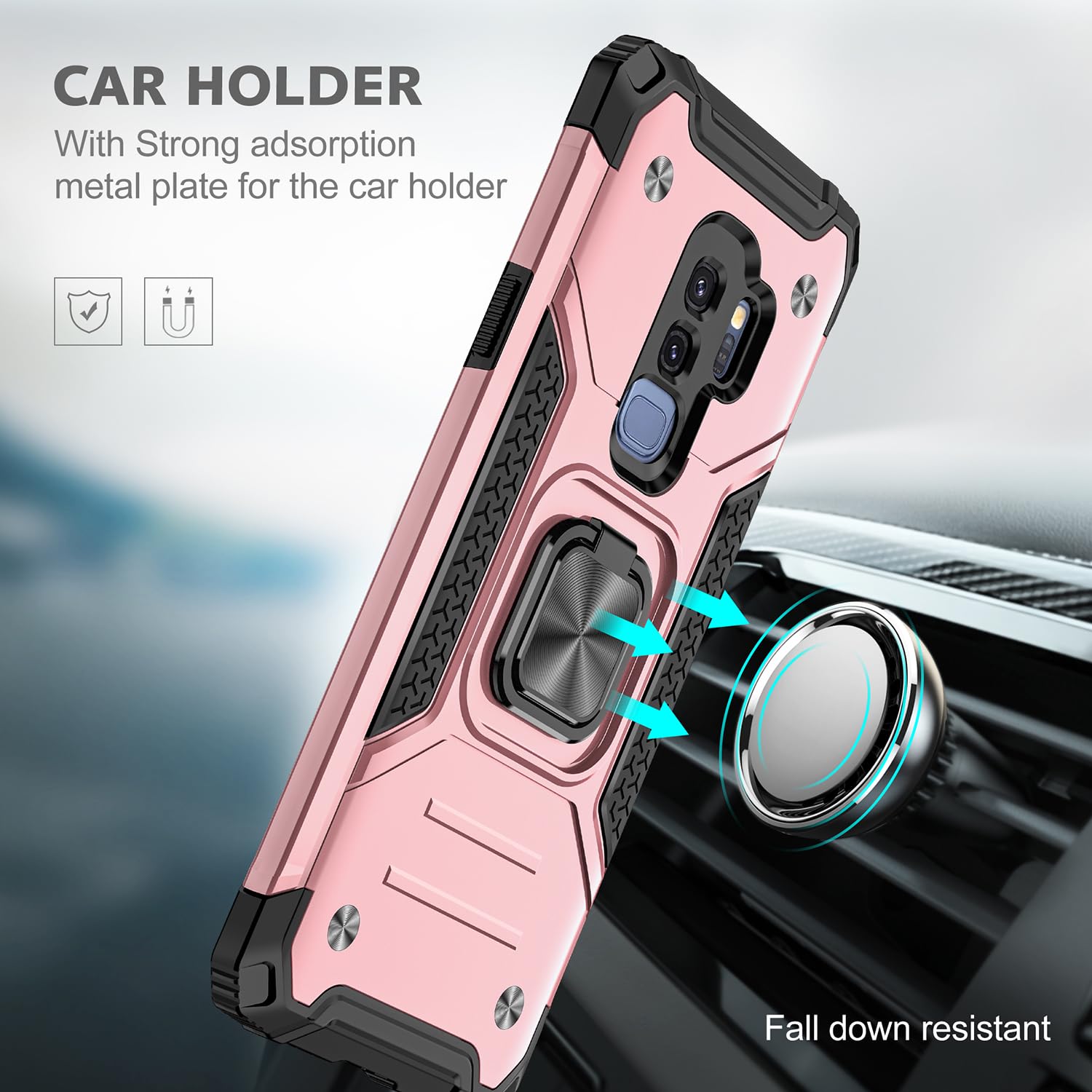 Fucozan Military Grade Shockproof Case for Samsung Galaxy S9 Plus with Kickstand and Magnetic Car Mount Heavy Duty Protection Rose Gold - View 4 of 8