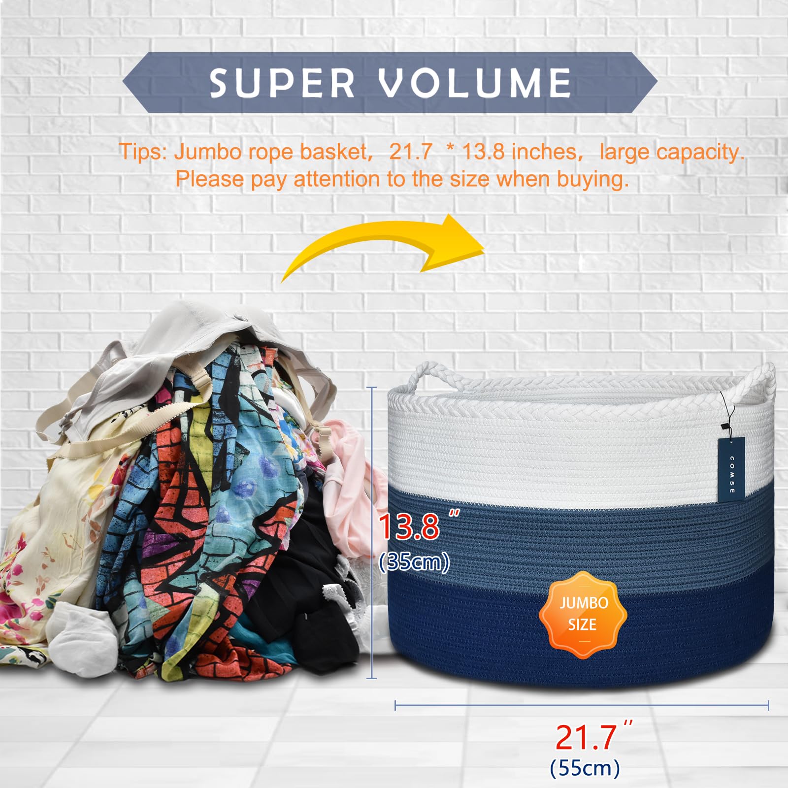 COMSE Extra Large Woven Laundry Basket 21.7x13.8 Nursery Hamper Cotton Rope Storage for Toys Clothes Towels White Cadet Blue Navy Blue - View 3 of 8