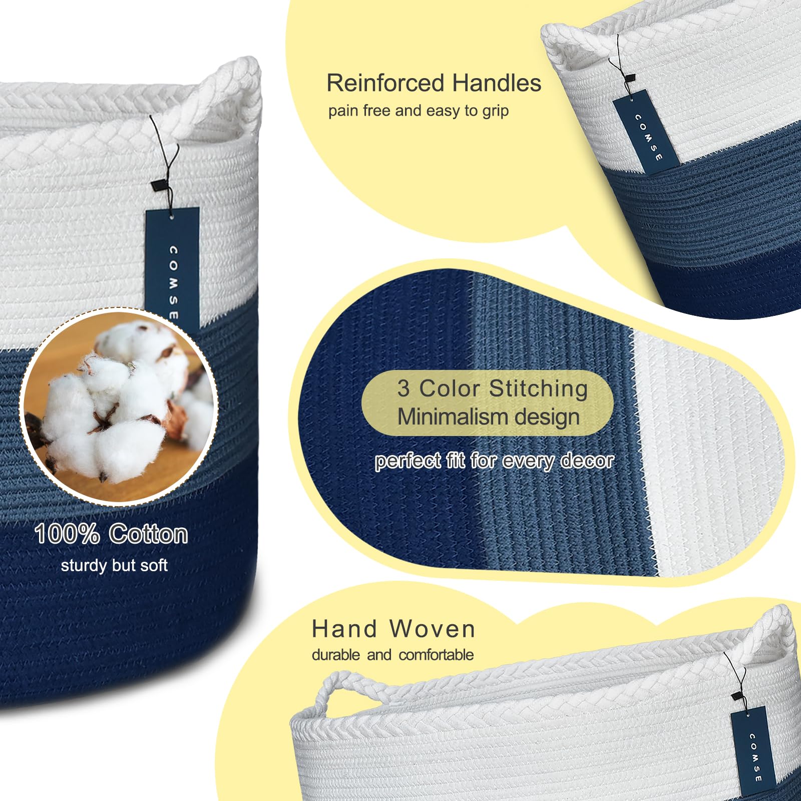 COMSE Extra Large Woven Laundry Basket 21.7x13.8 Nursery Hamper Cotton Rope Storage for Toys Clothes Towels White Cadet Blue Navy Blue - View 4 of 8
