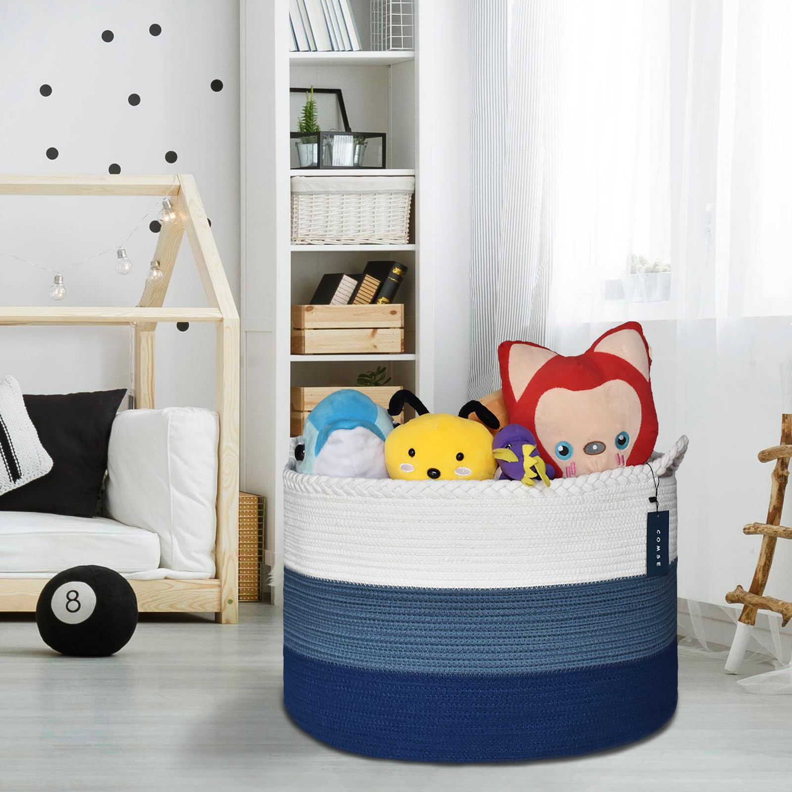 COMSE Extra Large Woven Laundry Basket 21.7x13.8 Nursery Hamper Cotton Rope Storage for Toys Clothes Towels White Cadet Blue Navy Blue - View 5 of 8