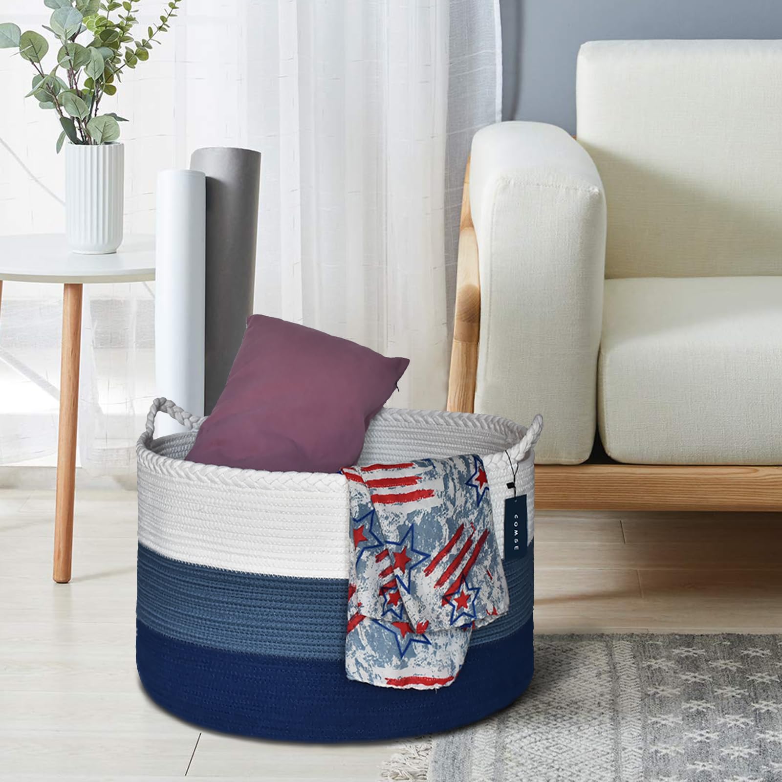 COMSE Extra Large Woven Laundry Basket 21.7x13.8 Nursery Hamper Cotton Rope Storage for Toys Clothes Towels White Cadet Blue Navy Blue - View 6 of 8