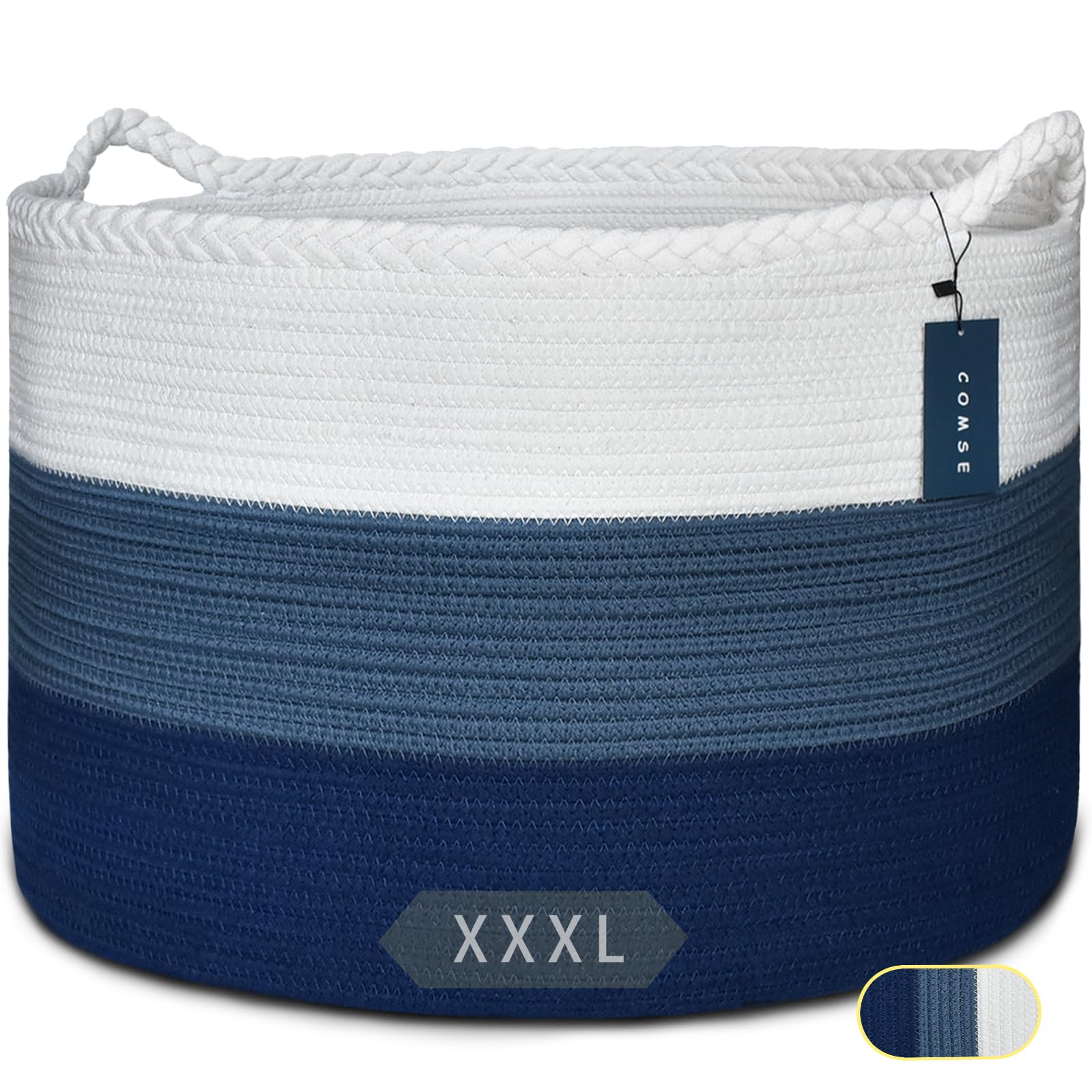 COMSE Extra Large Woven Laundry Basket 21.7x13.8 Nursery Hamper Cotton Rope Storage for Toys Clothes Towels White Cadet Blue Navy Blue