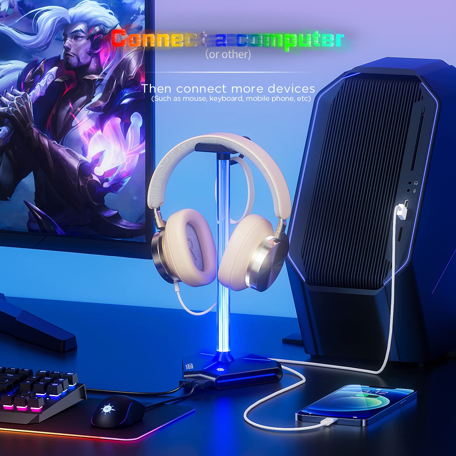 COZOO RGB Headphone Stand with USB Charging Ports for Gamers Desktop Accessories and Earphone Holder Gifts for Boyfriend - View 2 of 8