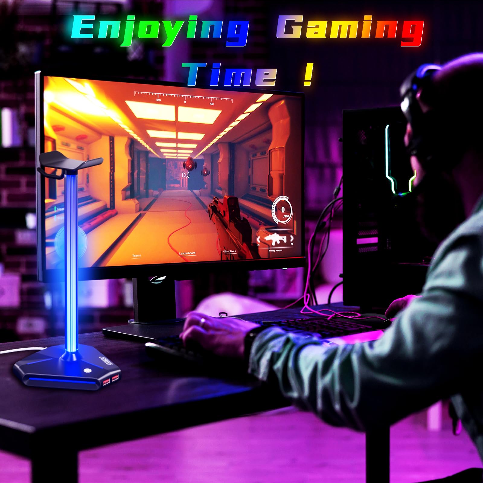 COZOO RGB Headphone Stand with USB Charging Ports for Gamers Desktop Accessories and Earphone Holder Gifts for Boyfriend - View 4 of 8