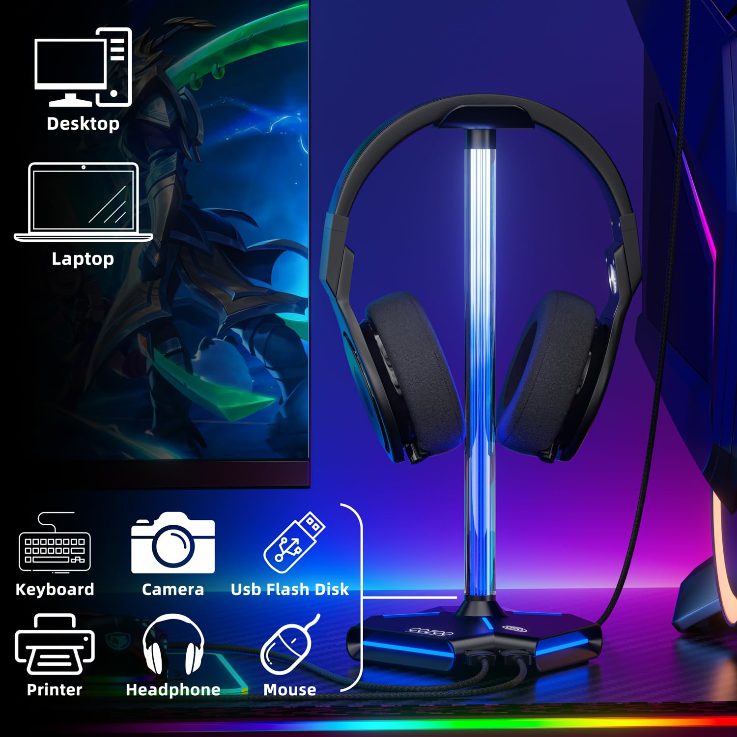 COZOO RGB Headphone Stand with USB Charging Ports for Gamers Desktop Accessories and Earphone Holder Gifts for Boyfriend - View 5 of 8