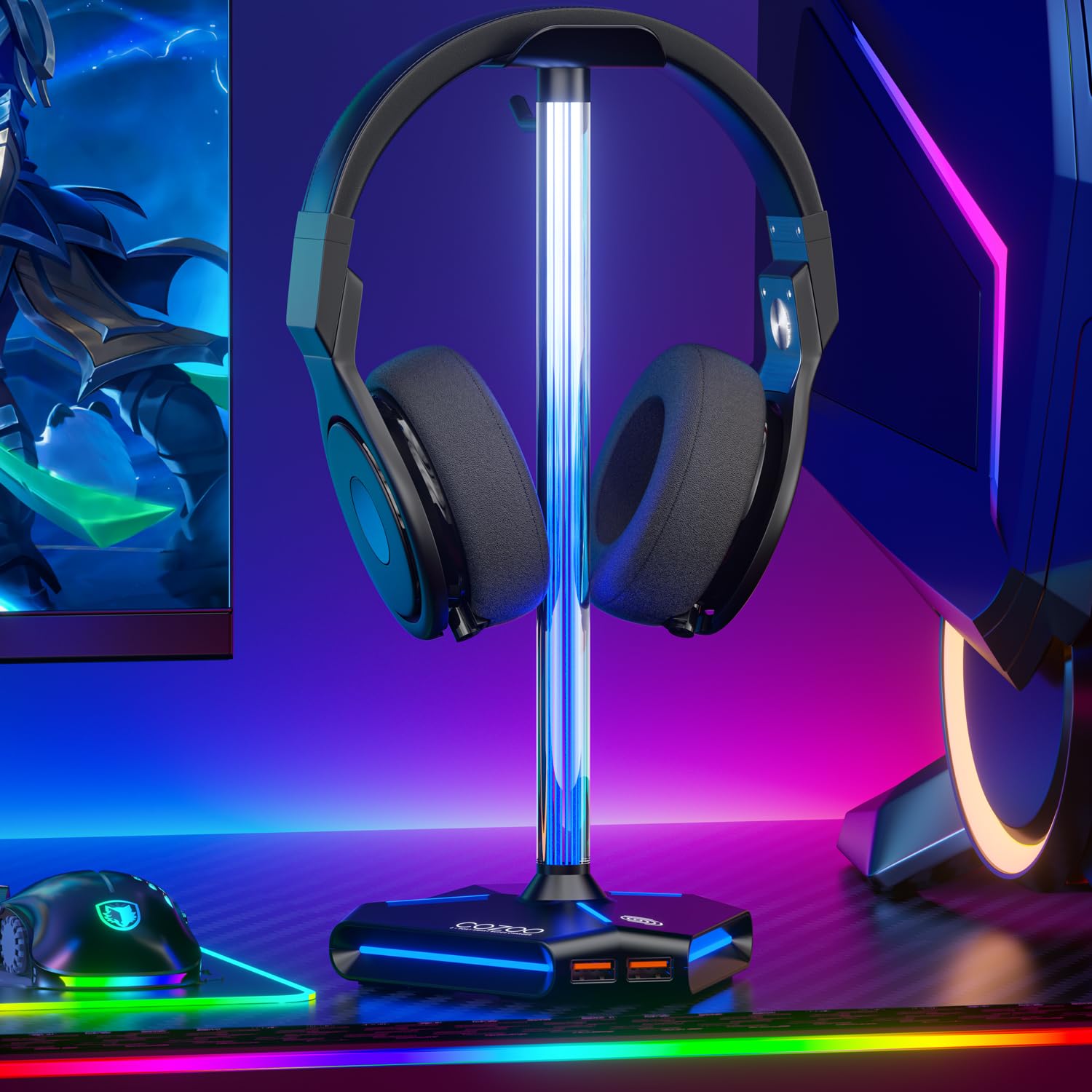 COZOO RGB Headphone Stand with USB Charging Ports for Gamers Desktop Accessories and Earphone Holder Gifts for Boyfriend