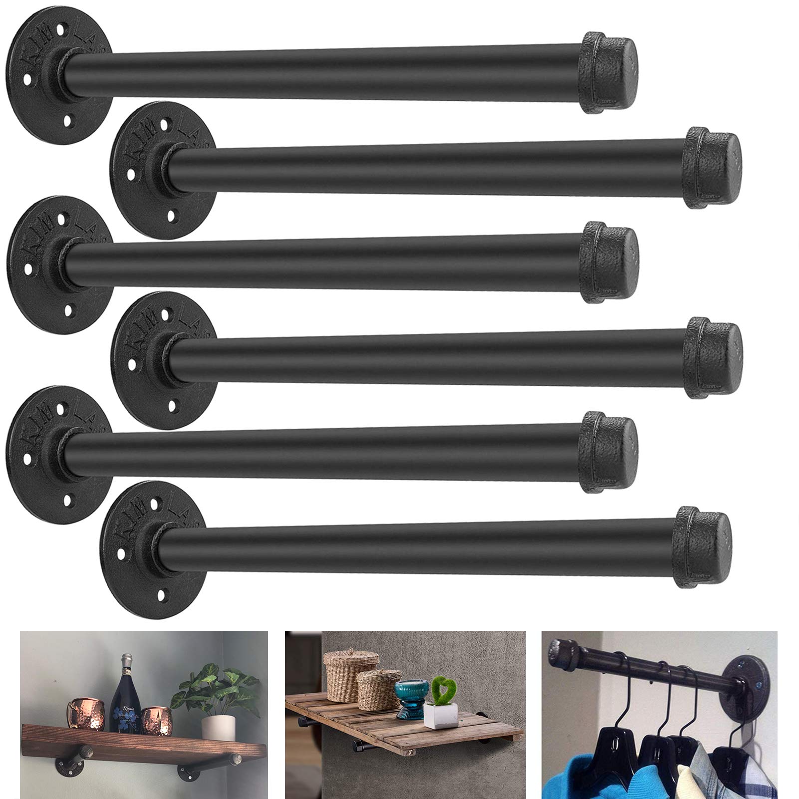 Aconnet 6 Pack 12 Inch Industrial Pipe Shelf Brackets Heavy Duty Black Iron Floating Wall Shelves for Vintage Furniture and Garment Racks
