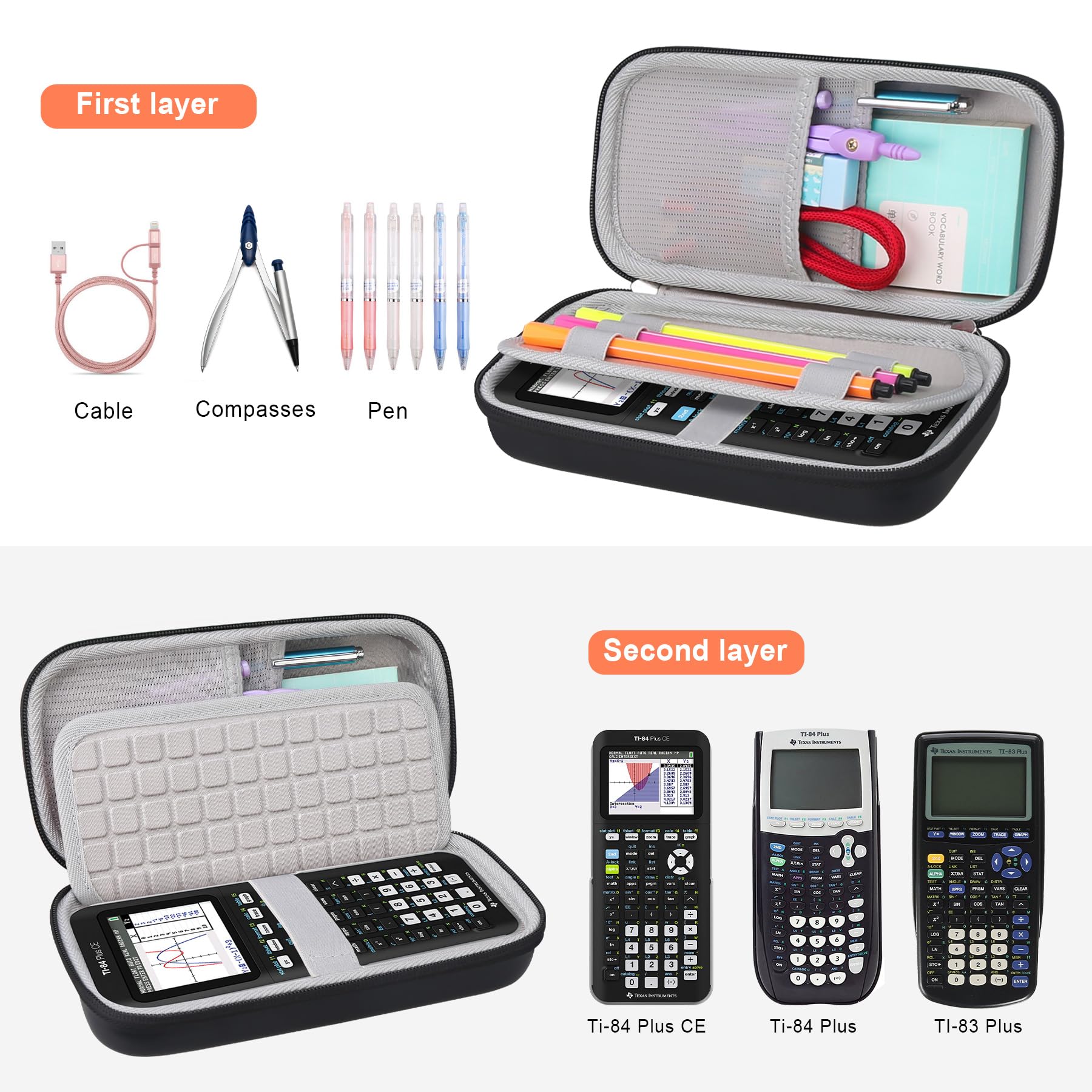Canboc Carrying Case for Texas Instruments Ti-84 Plus CE TI-84 Plus TI-83 Plus Graphing Calculator Black Mesh Bag for Cables and Manual - View 2 of 8