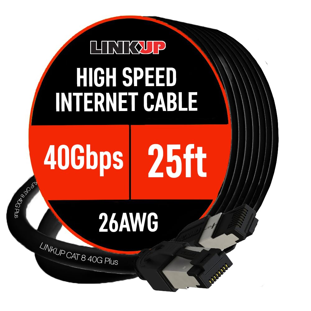 LINKUP 40Gbps Certified Cat8 Ethernet Patch Cable 25ft Double Shielded 2000MHz Future Proof Compatible with Cat7A Cat7 Cat6A Black