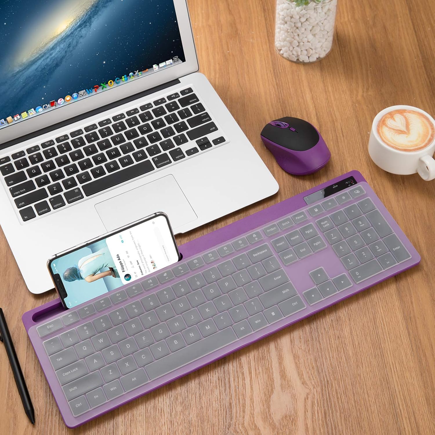 VIVEFOX 2.4GHz Silent USB Wireless Keyboard and Mouse Combo Full Size with Phone Holder for Computer Desktop Laptop Purple - View 2 of 7