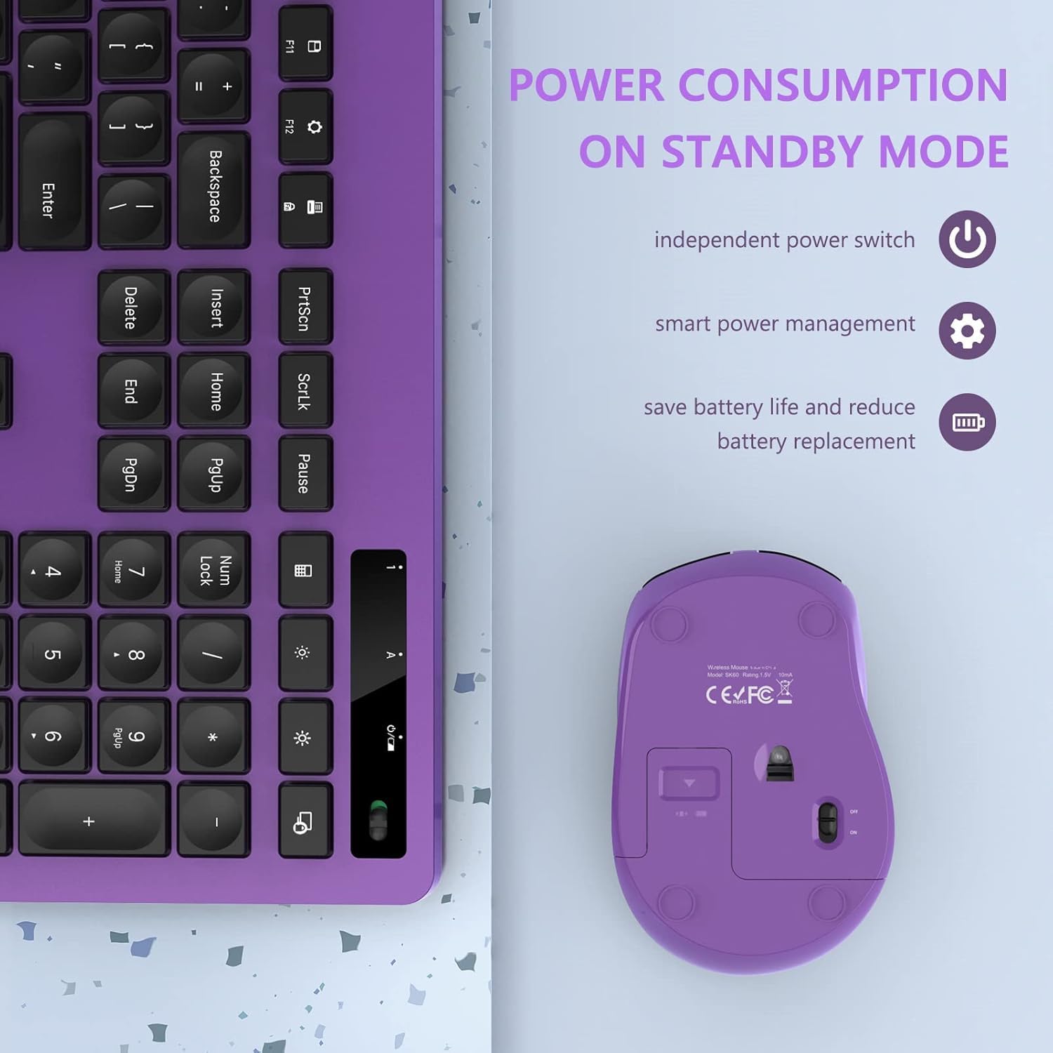 VIVEFOX 2.4GHz Silent USB Wireless Keyboard and Mouse Combo Full Size with Phone Holder for Computer Desktop Laptop Purple - View 3 of 7