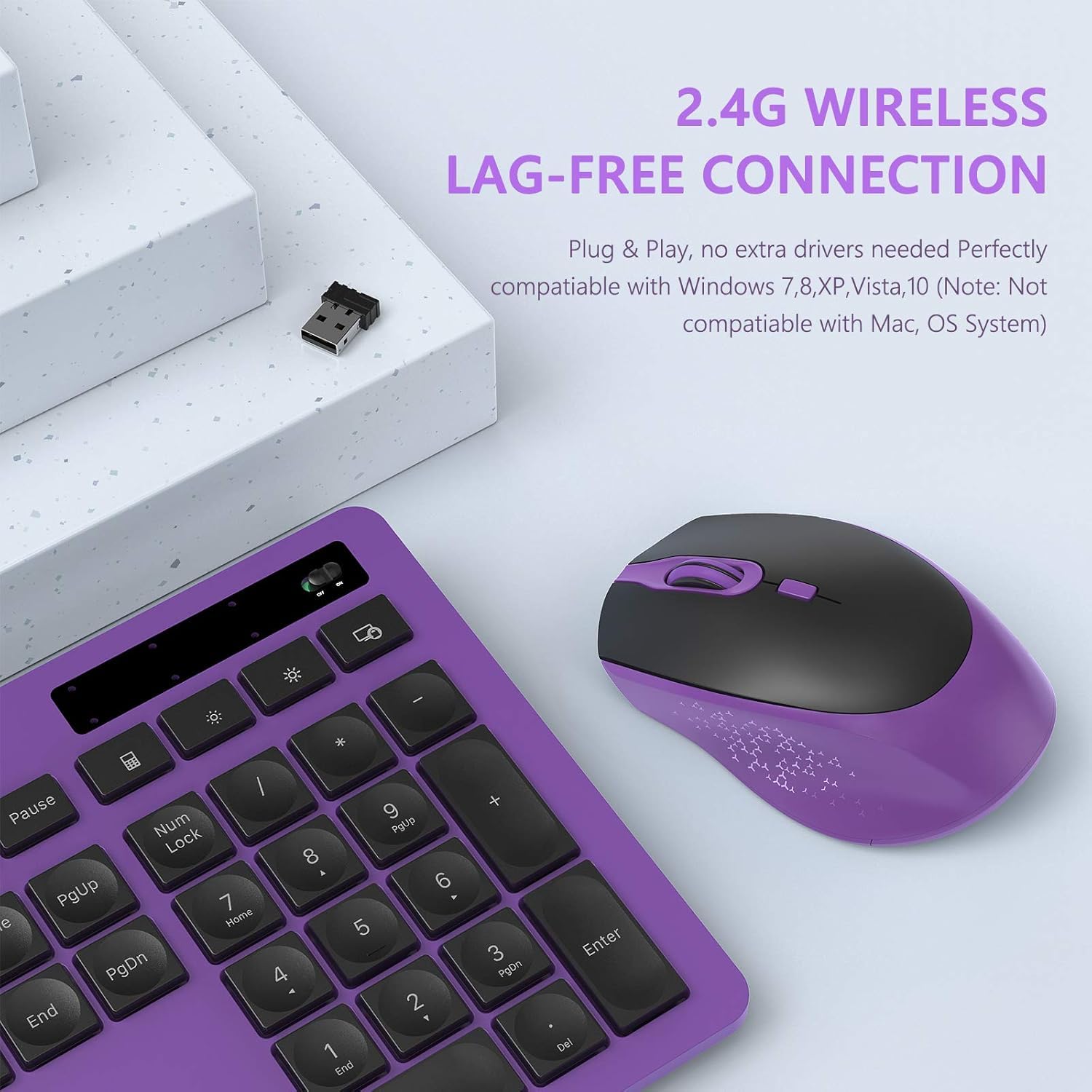 VIVEFOX 2.4GHz Silent USB Wireless Keyboard and Mouse Combo Full Size with Phone Holder for Computer Desktop Laptop Purple - View 4 of 7