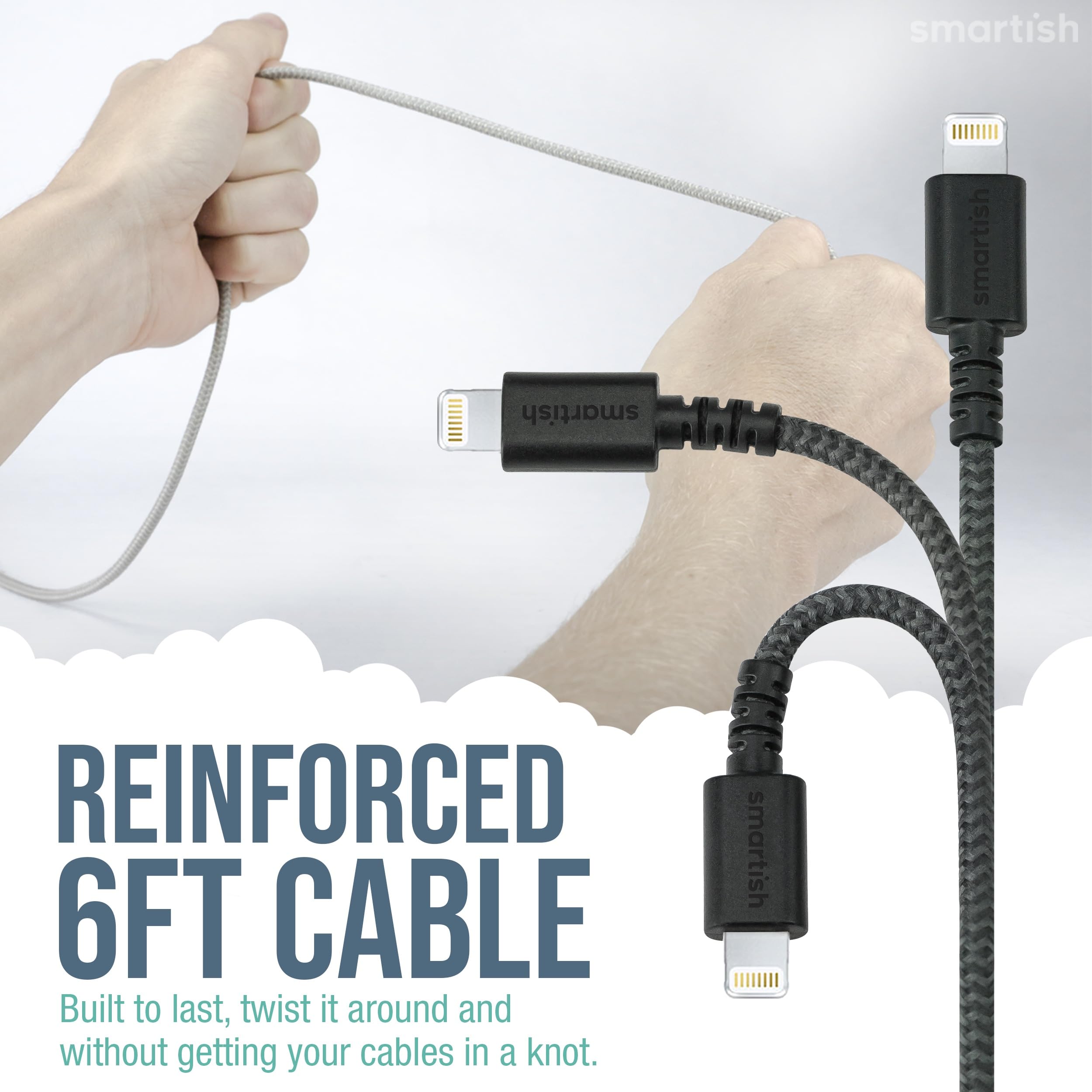 Smartish Smartish USB-C Lightning Cable 6 Foot Fast Charging for iPhone 16 15 14 MFi Certified Black Fabric Wrapped Universal Cable - View 4 of 9