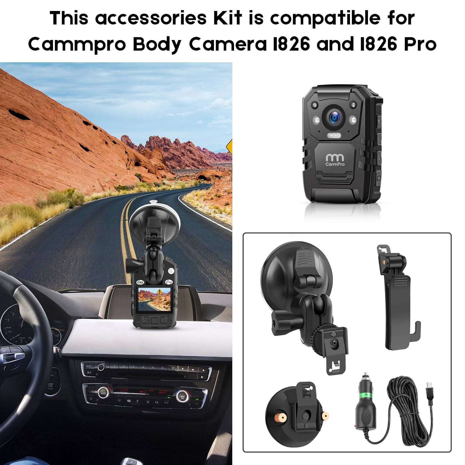 MM CAMMPRO CammPro Body Worn Camera Accessories Bundle Kit for I826 with Screw Clip Car Charger Suction Cup Mount and Shoulder Clip - View 5 of 5