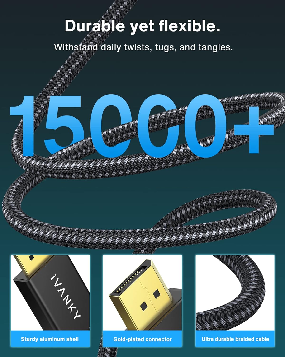 IVANKY IVANKY DisplayPort Cable 1.4, 8K DP Cable 15ft [8K@60Hz, 4K@144Hz, 1080P@240Hz], Support HBR3, 32.4Gbps, HDCP 2.2, HDR, Compatible for Gaming - View 4 of 6