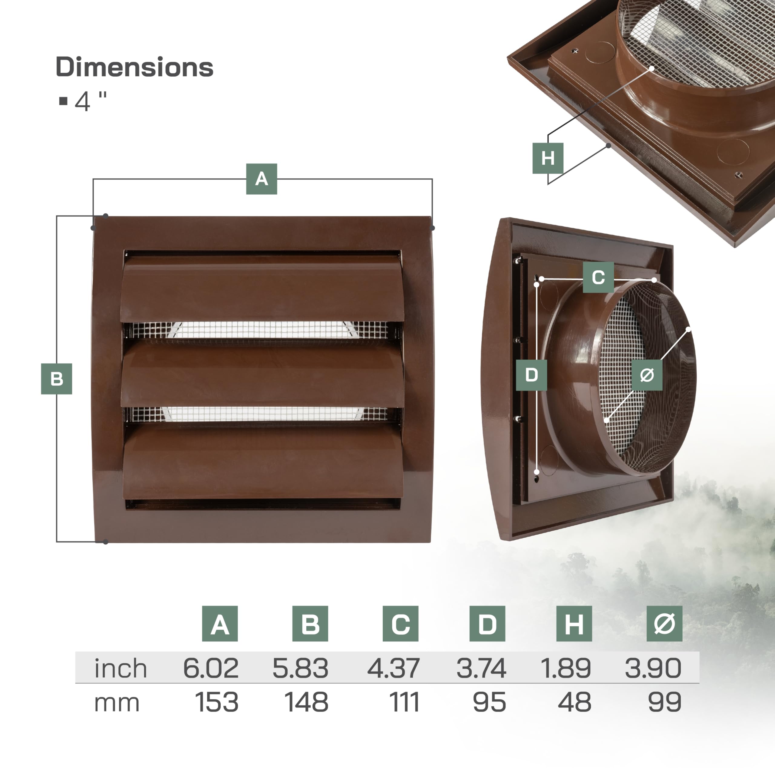 Vent Systems Vent Systems 4'' Inch Brown Air Vent Cover, Dryer Vents and Bathroom Exhaust Vent Pipe, Louvered Outdoor Dryer Vent Cover Opening Flap Vent, Keeps - View 2 of 9