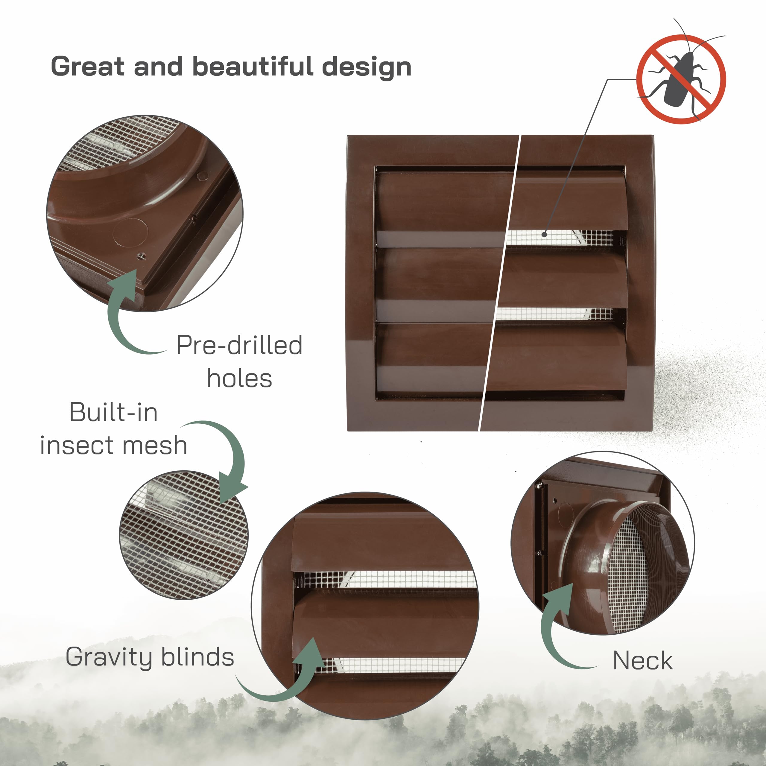 Vent Systems Vent Systems 4'' Inch Brown Air Vent Cover, Dryer Vents and Bathroom Exhaust Vent Pipe, Louvered Outdoor Dryer Vent Cover Opening Flap Vent, Keeps - View 3 of 9